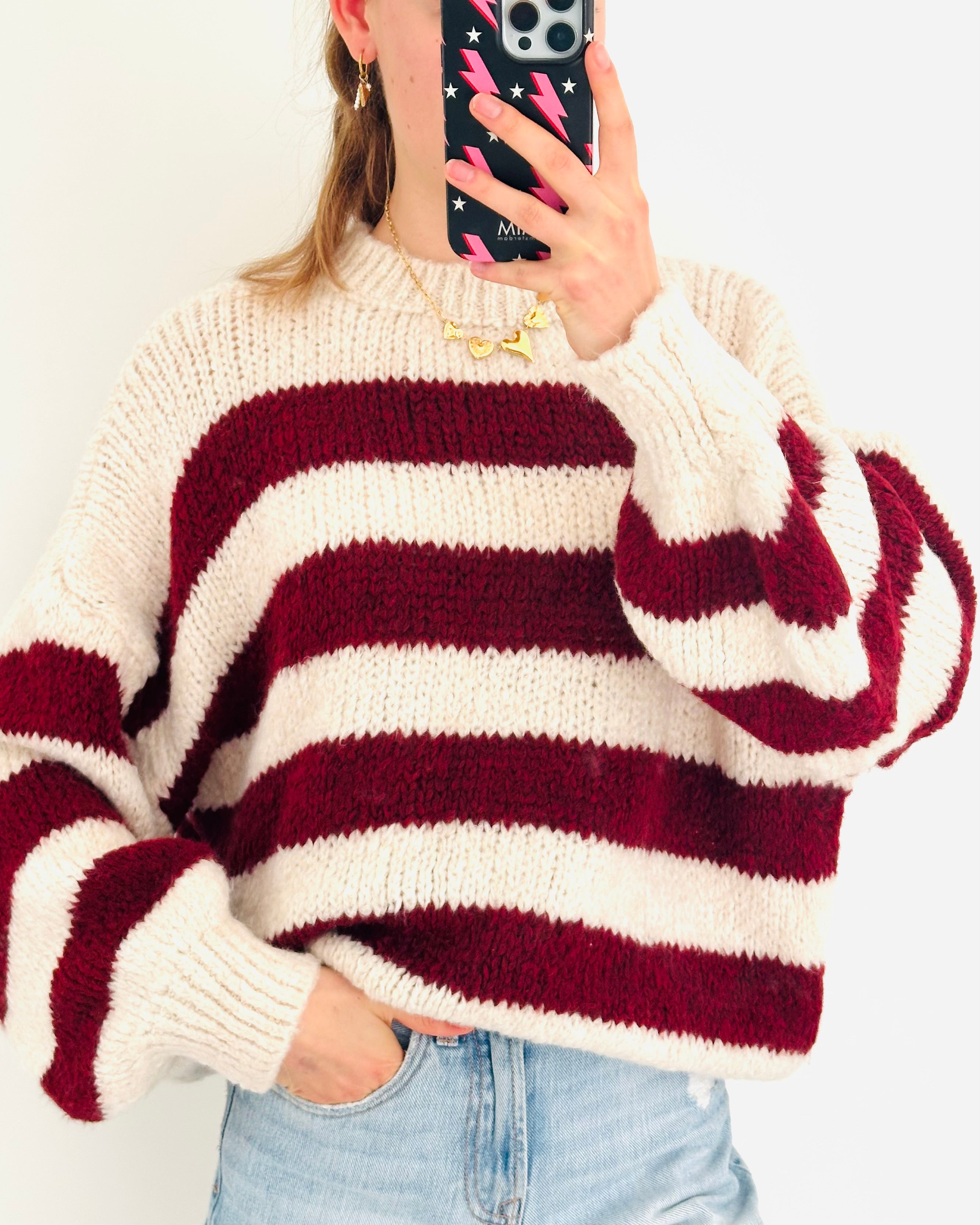 Comfy trui stripe off white bordeaux