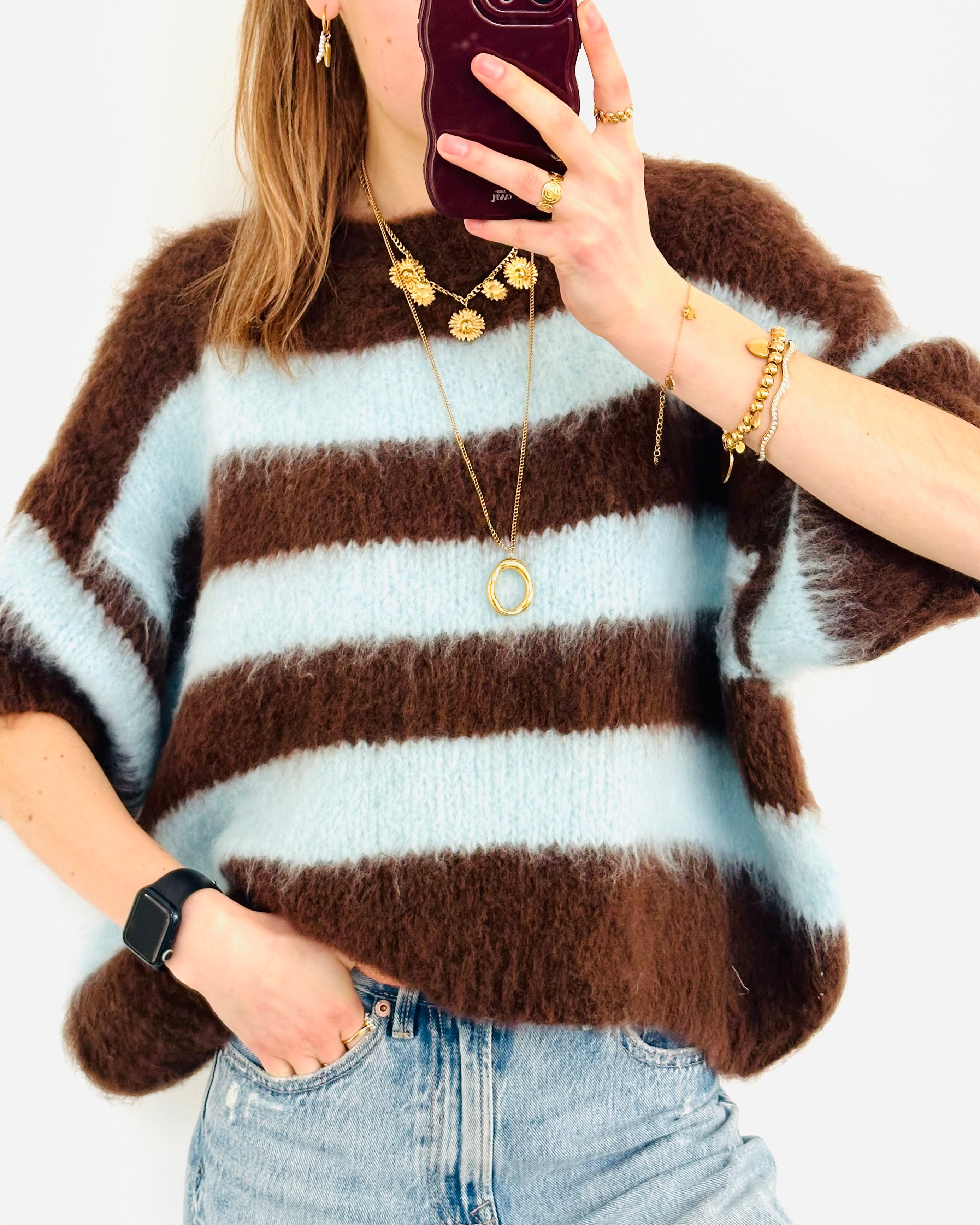 Soft knit fluffy brown light blue