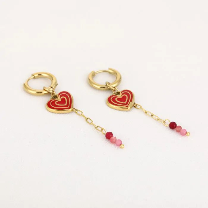 Boucles d'oreilles coeur en perles or rouge