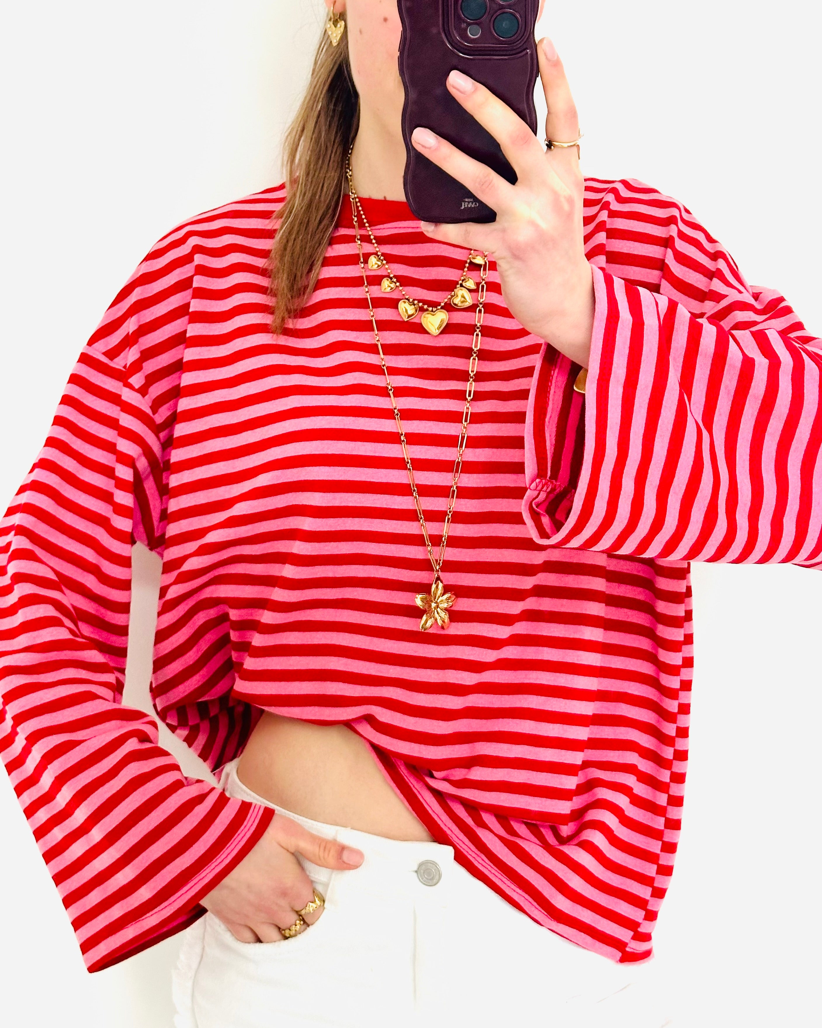 Casual stripe longsleeve pink red