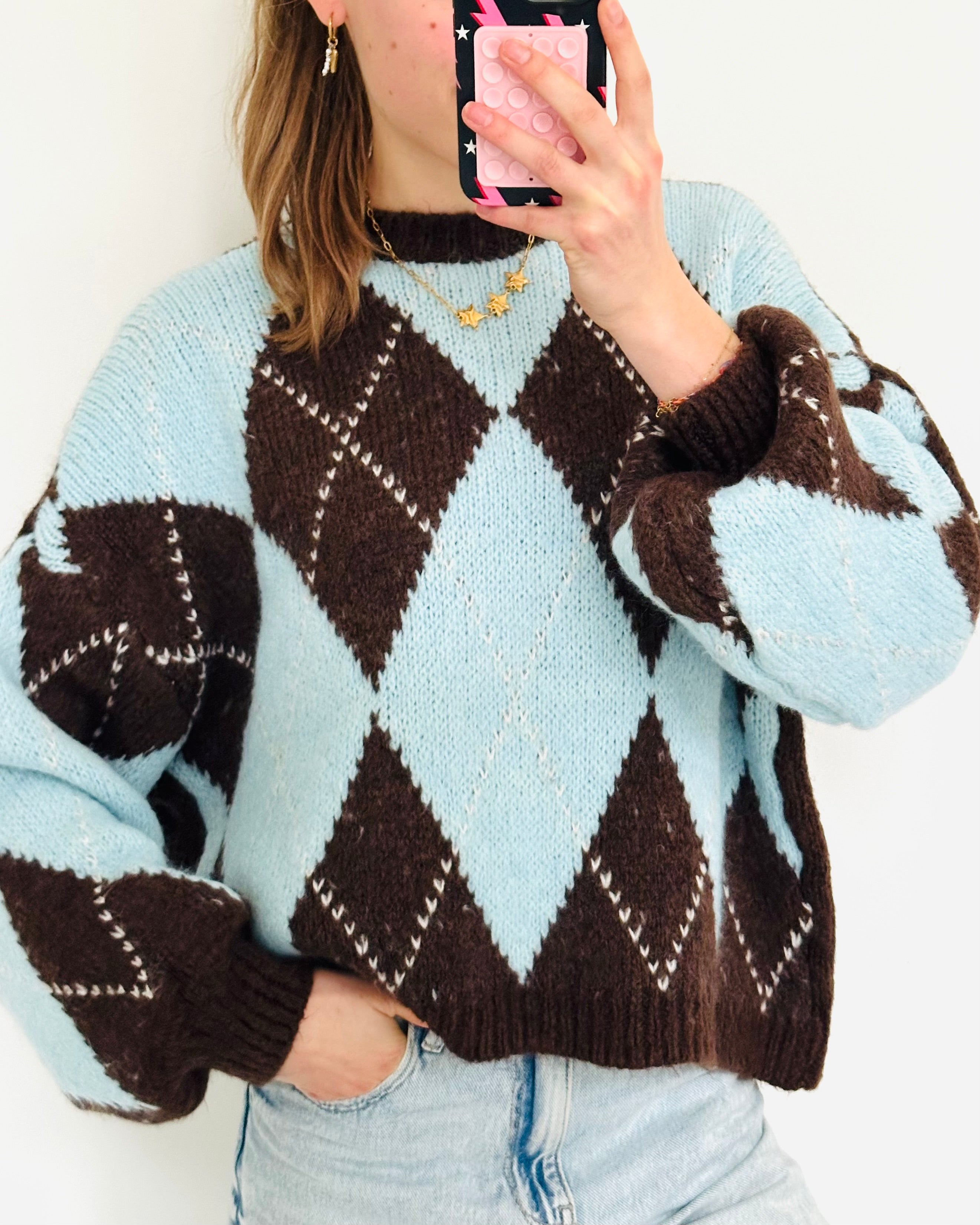 Geruite sweater blue brown