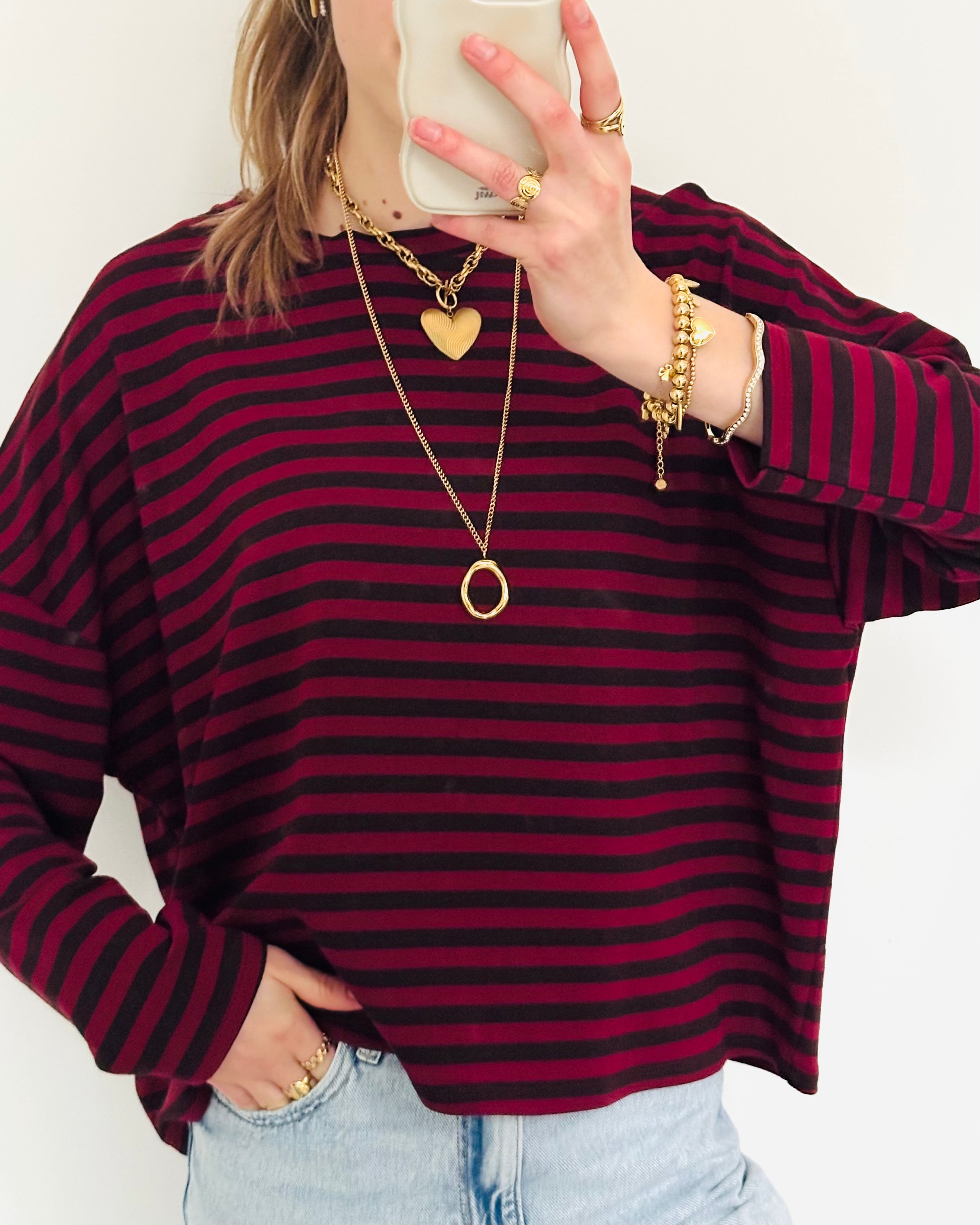 Casual stripe longsleeve bordeaux zwart