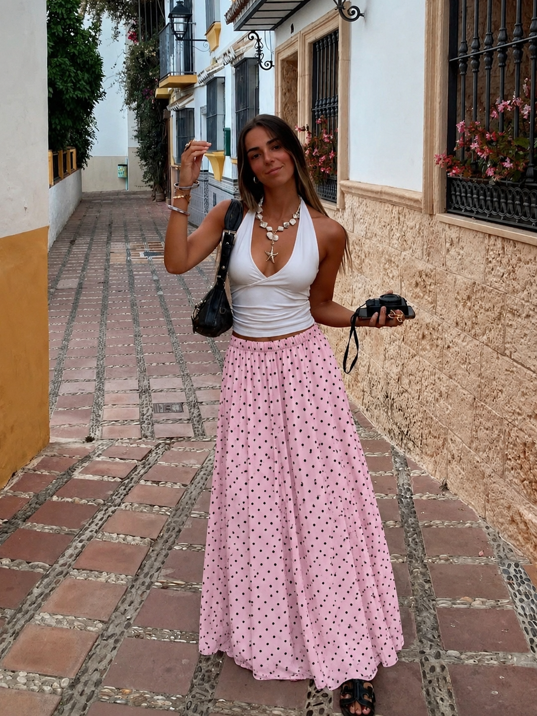 Lange rok polka dots pink