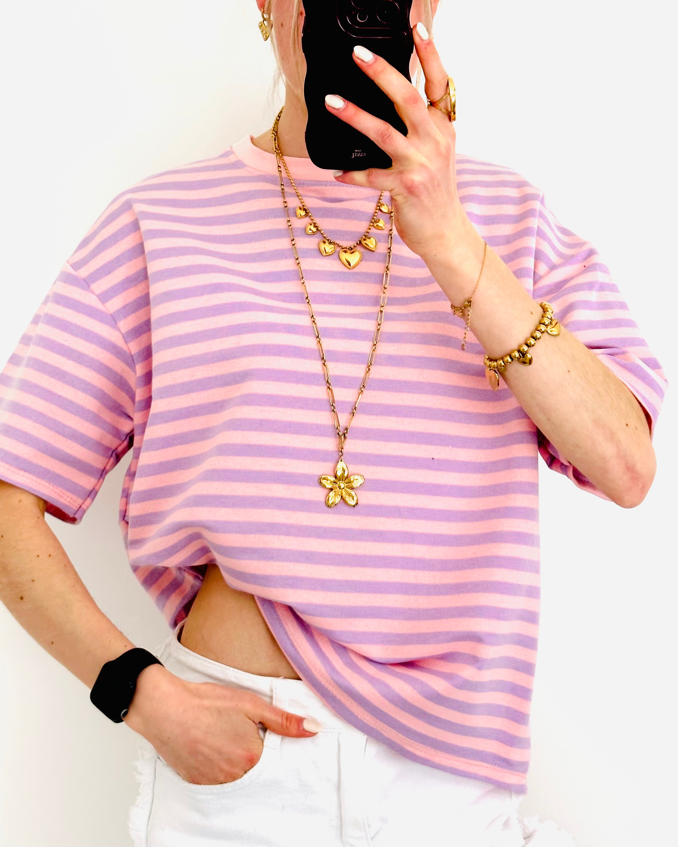 Casual stripe shortsleeve light pink purple