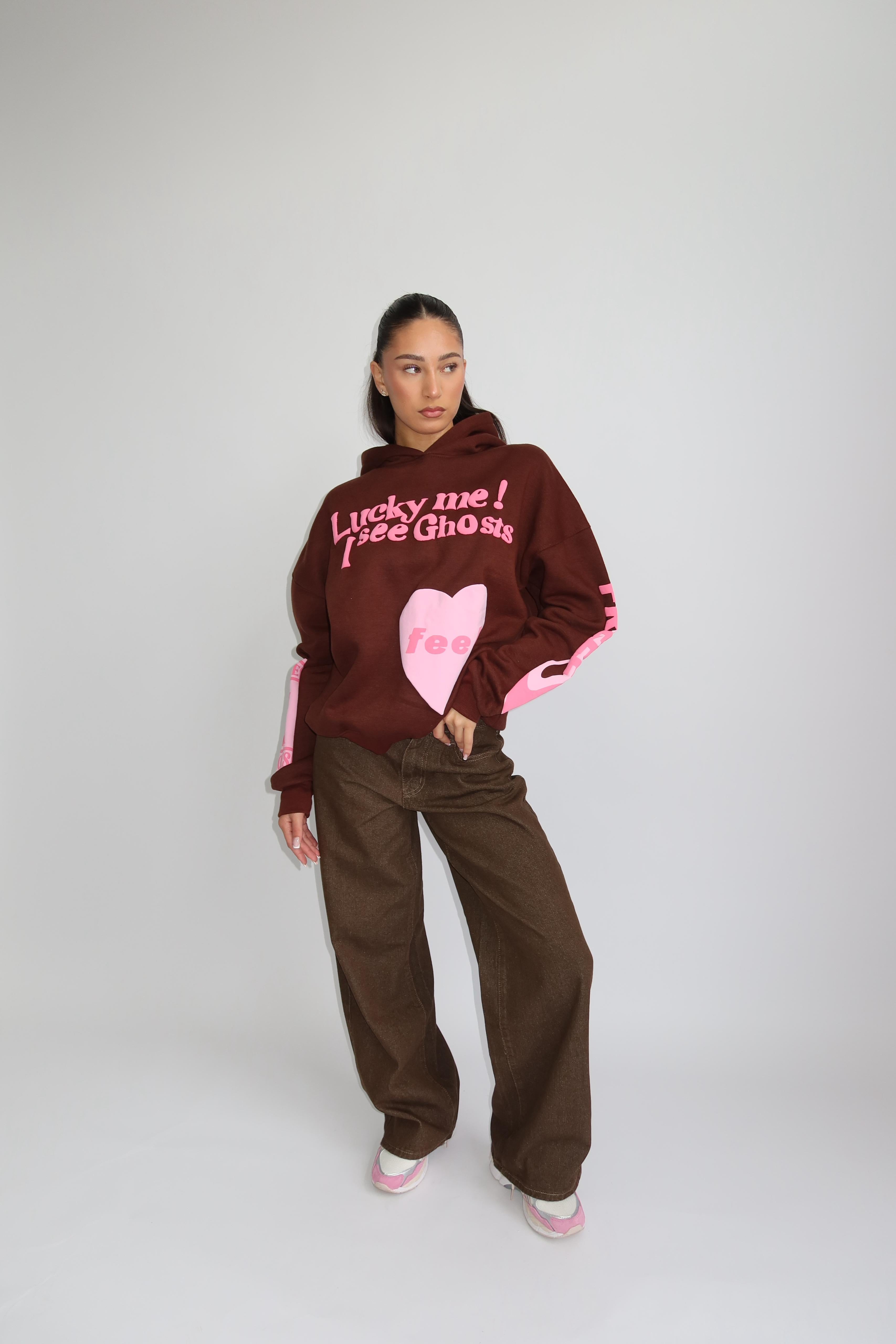Lucky me hoodie brown pink
