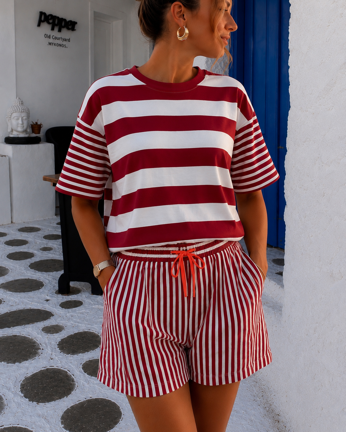 Nola short stripes red white