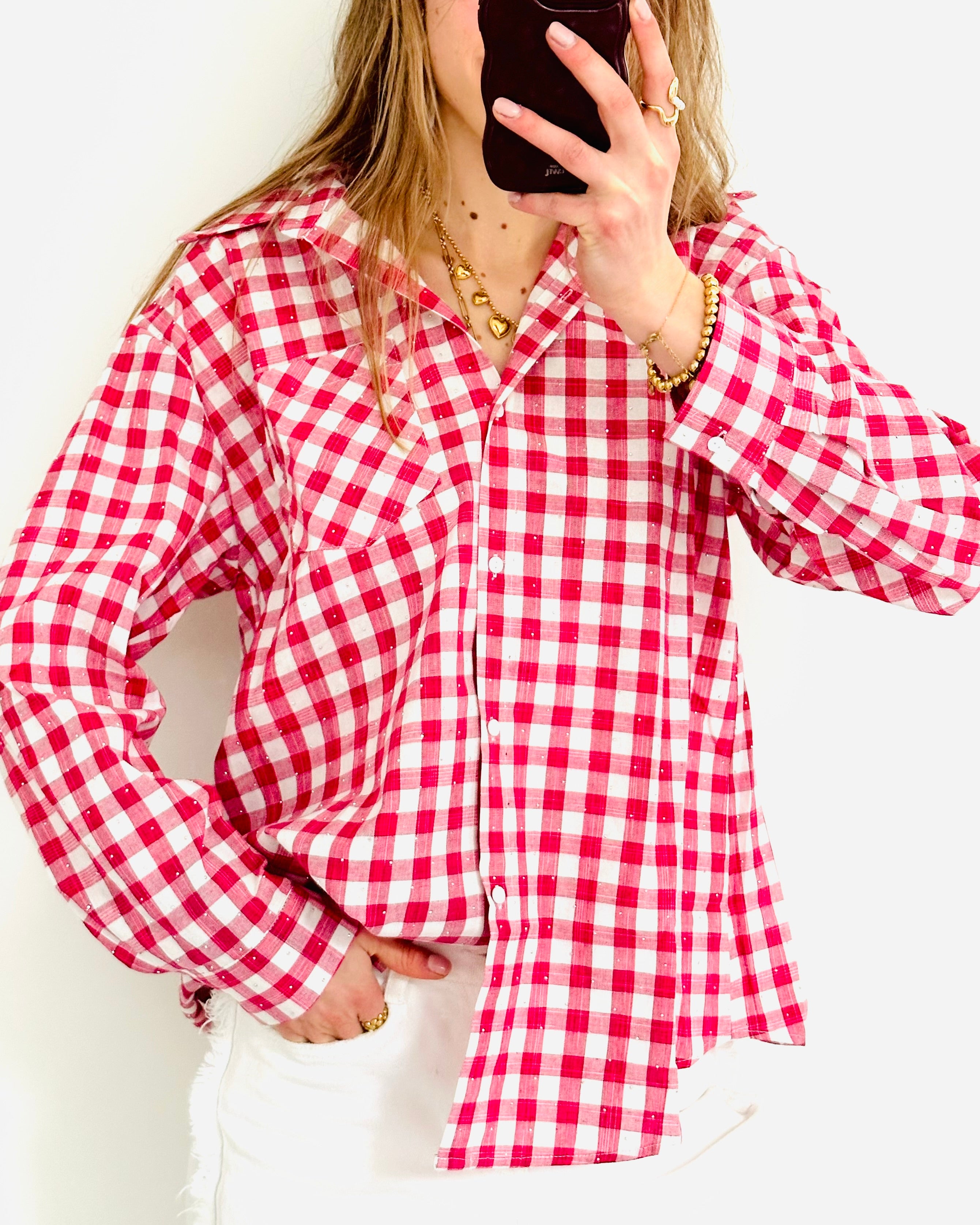 Limited glitter blouse geruit fuchsia