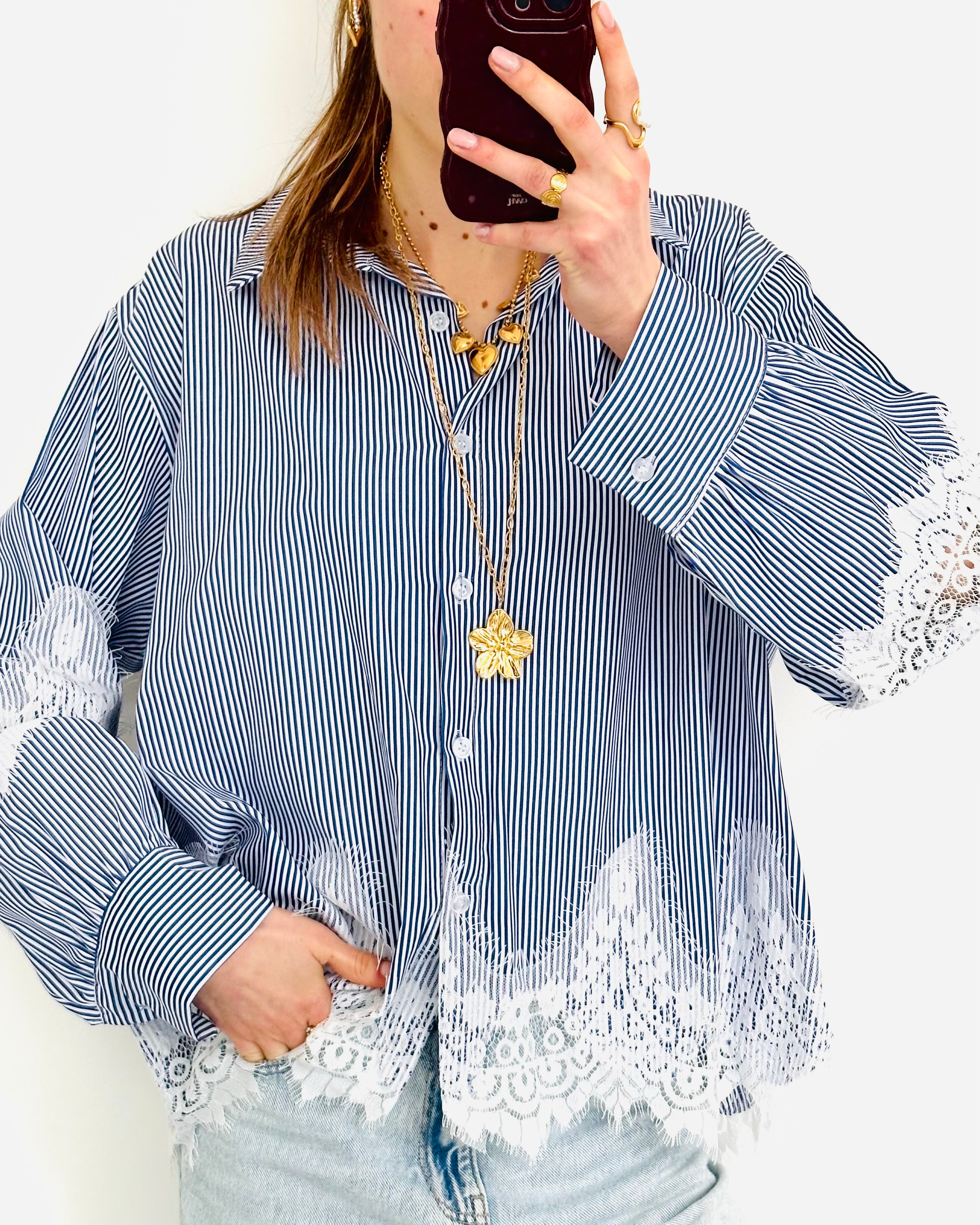 Kanten blouse striped dark blue