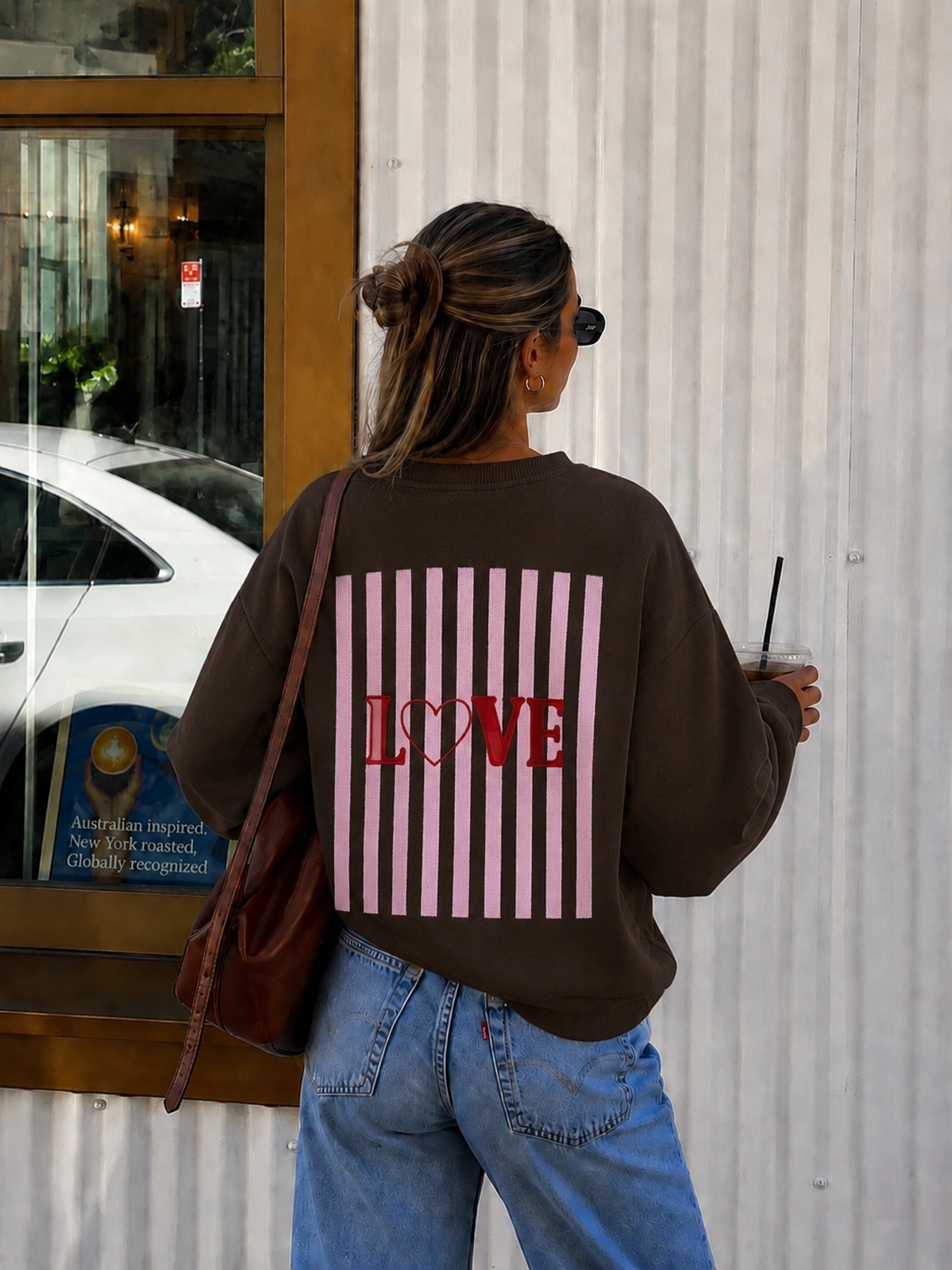 Striped love sweater brown pink