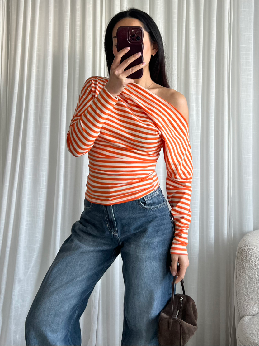 One shoulder striped top orange