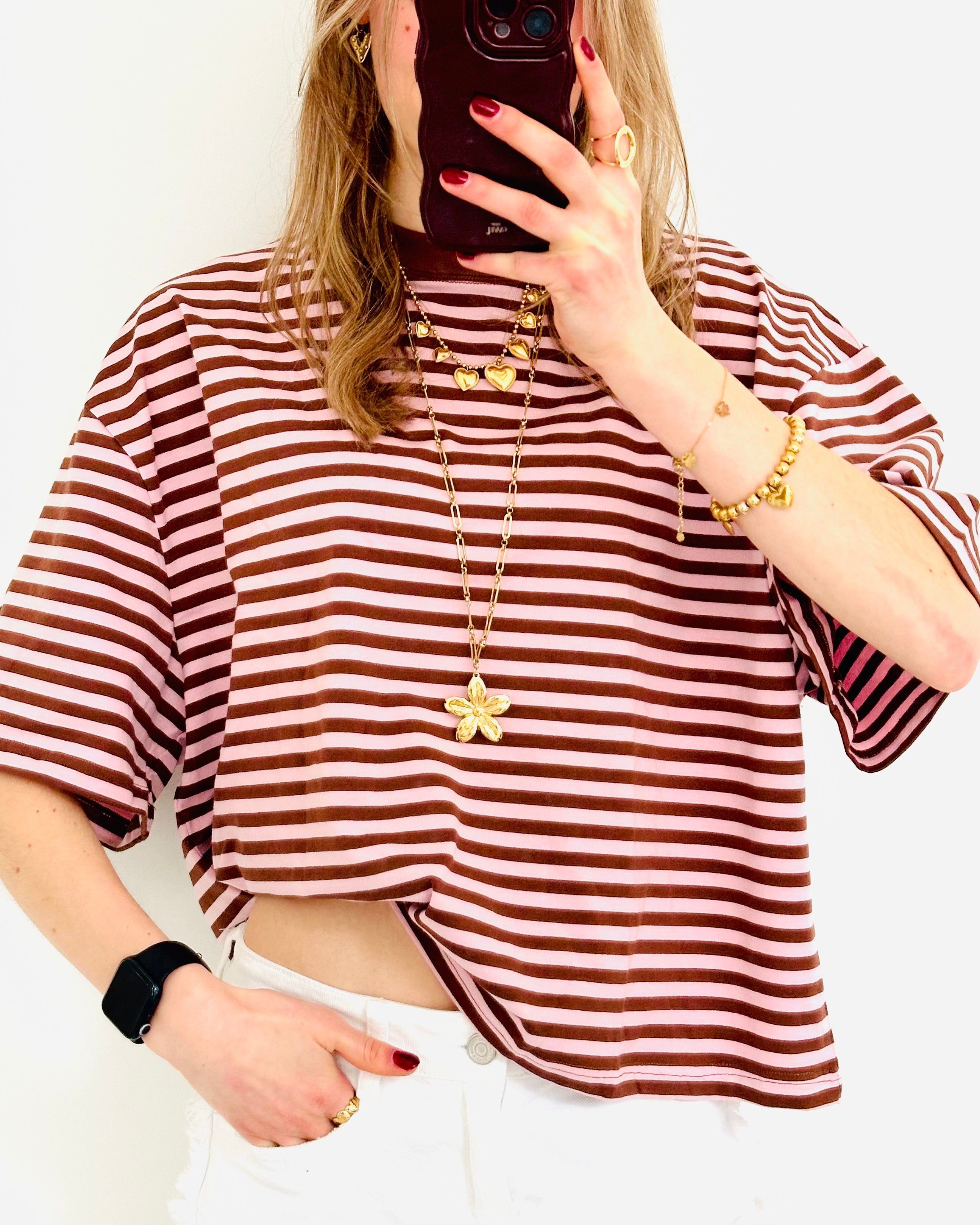 Casual stripe shortsleeve pink brown