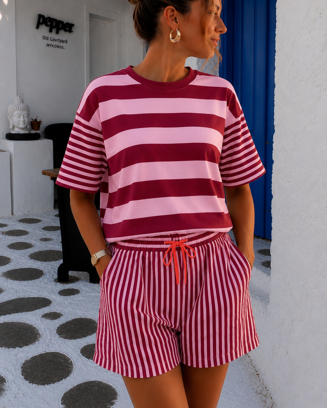 Nola short stripes red pink