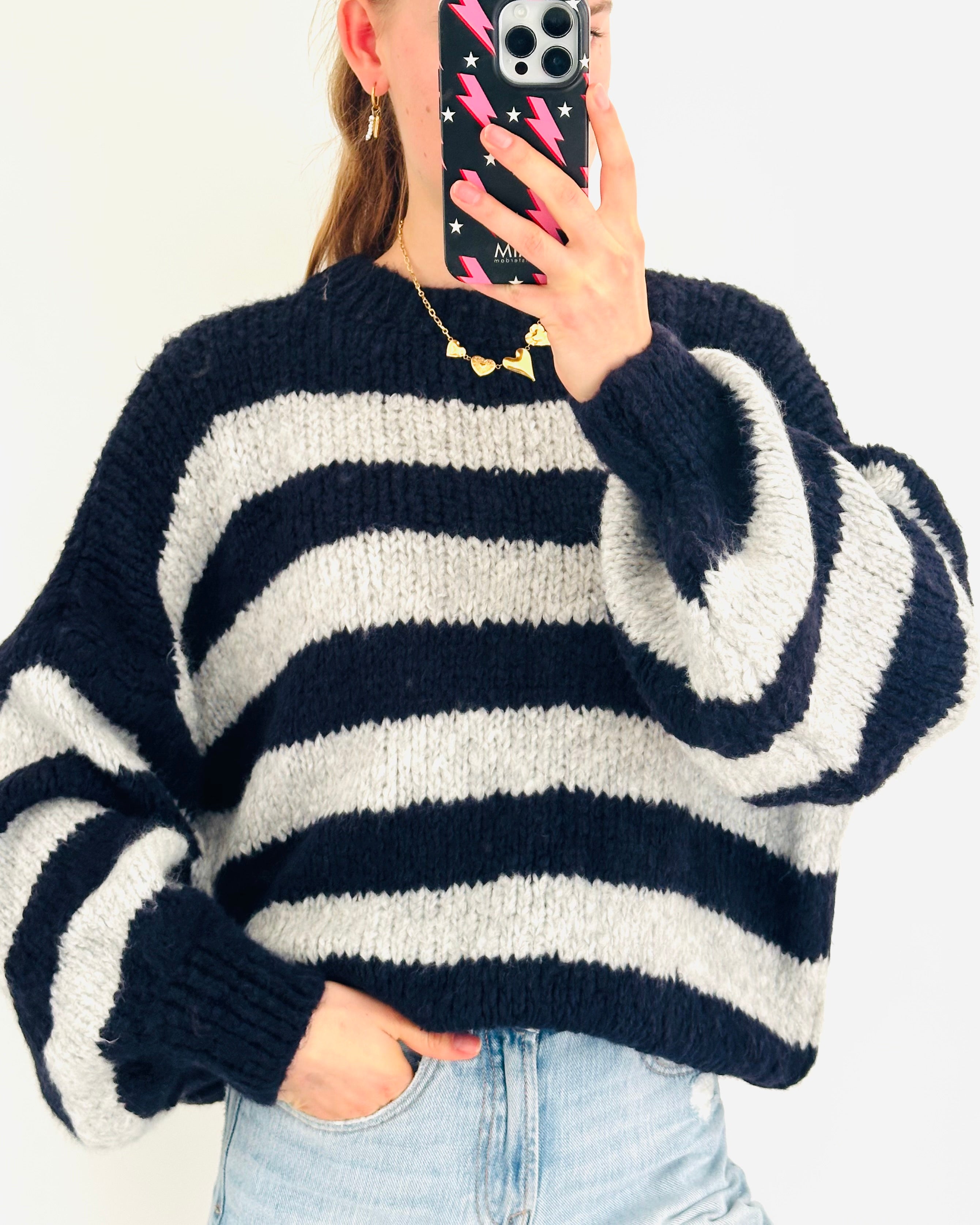 Comfy trui stripe navy grey