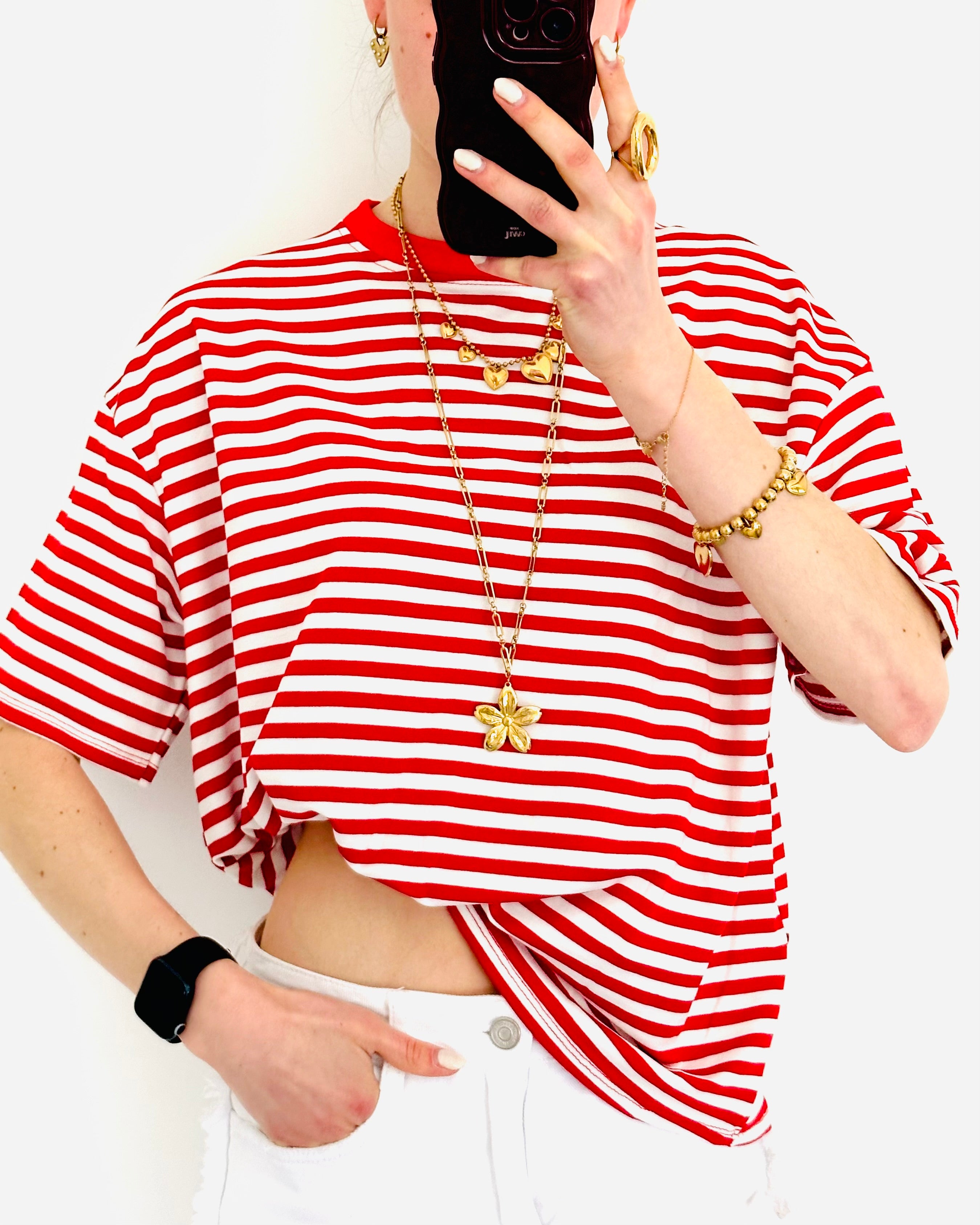 Casual stripe shortsleeve red white