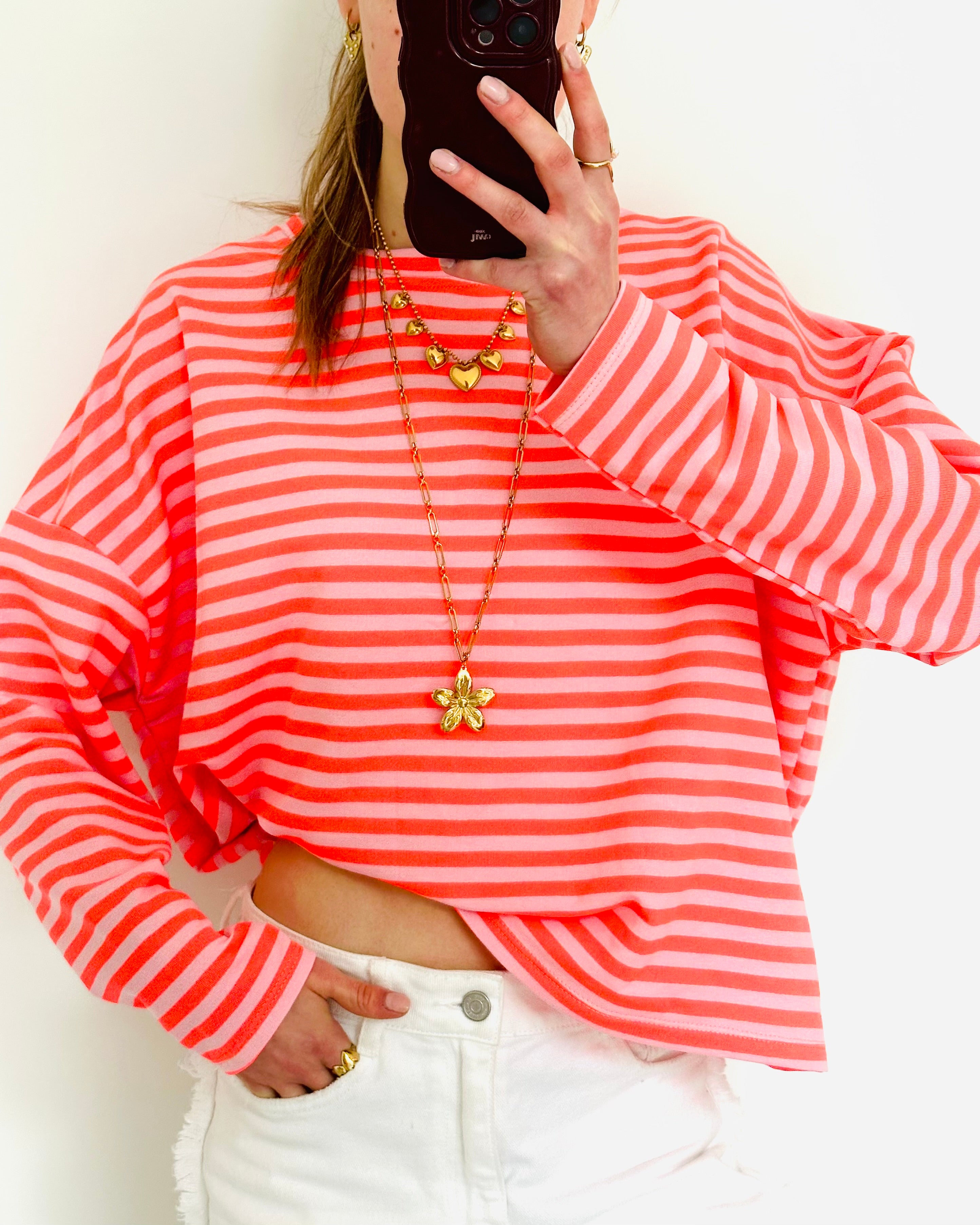 Casual stripe longsleeve coral light pink straight