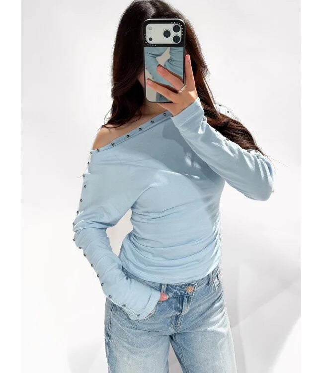 One shoulder studs top blue