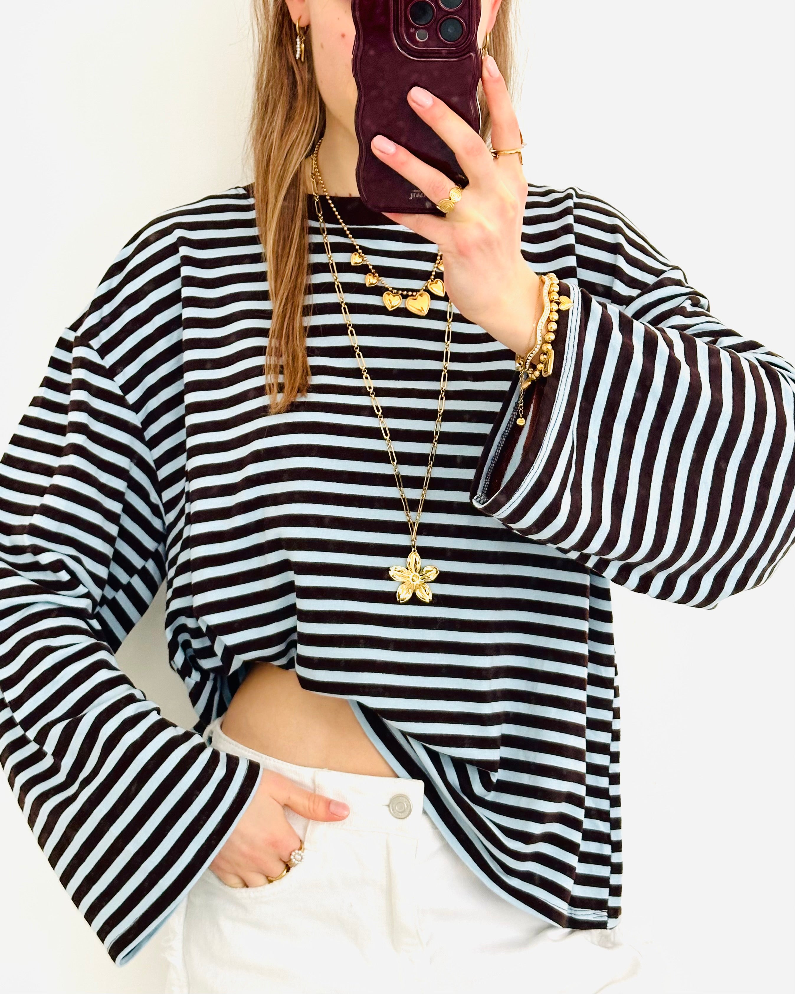 Casual stripe longsleeve light blue brown pre order