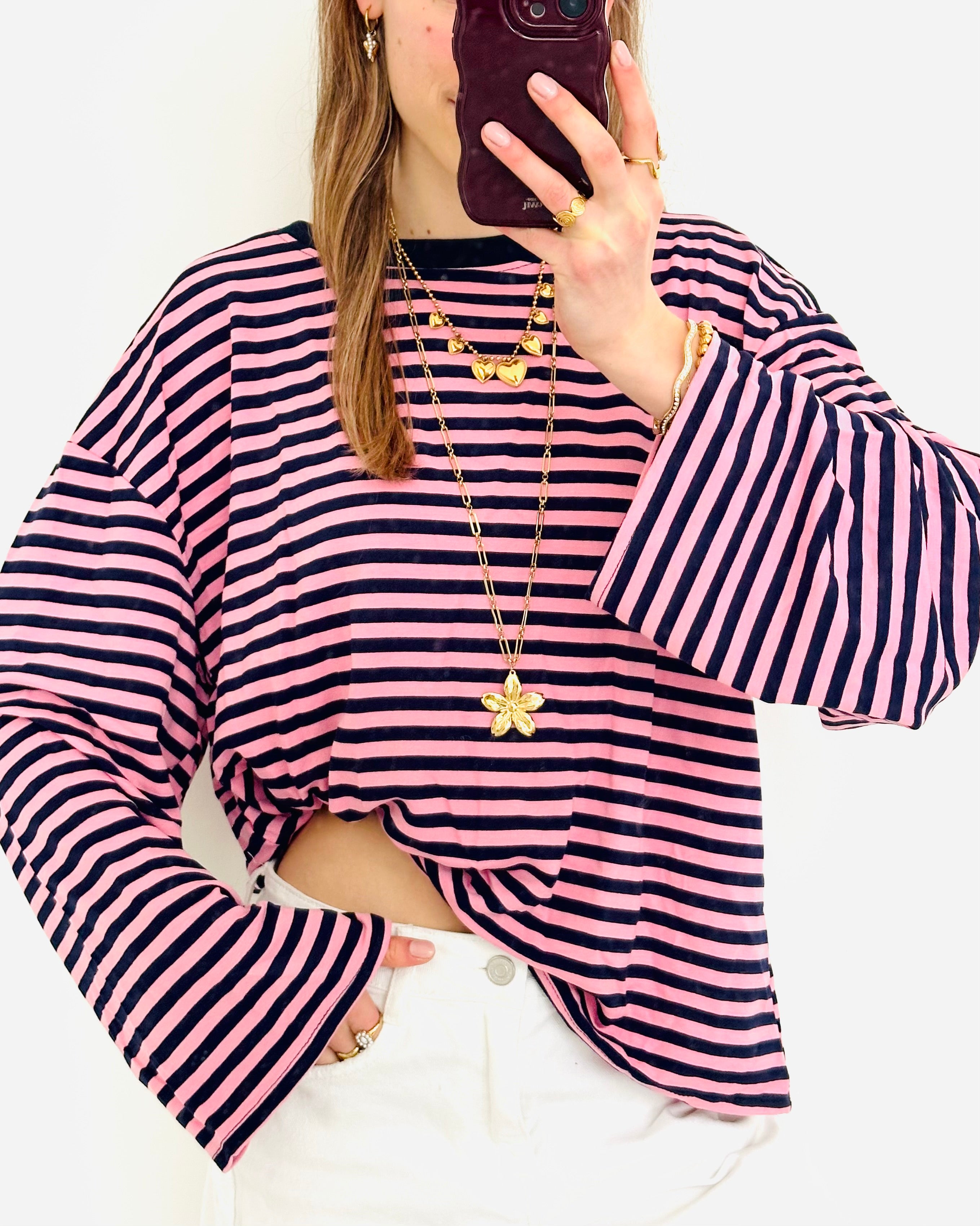 Casual stripe longsleeve navy roze