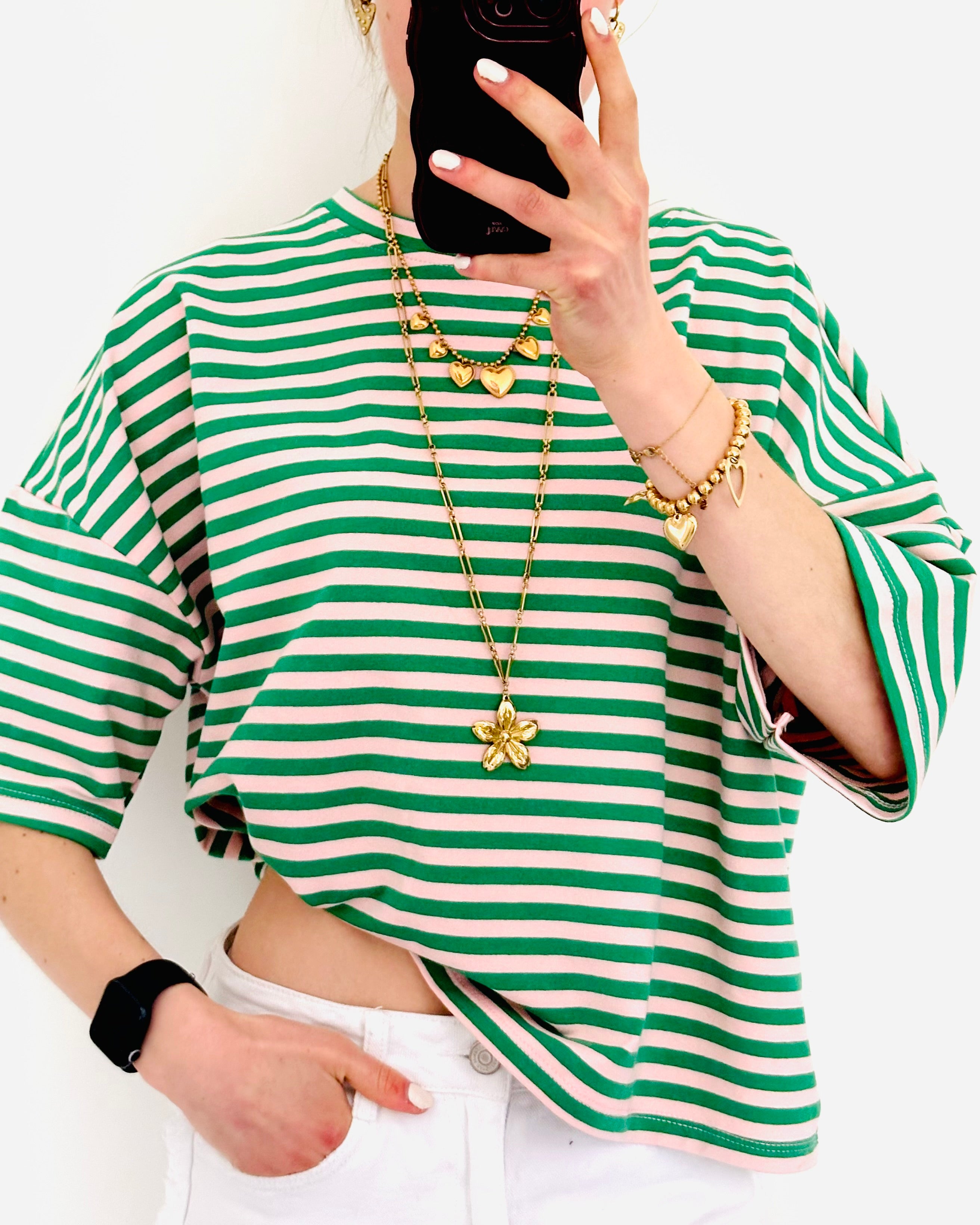 Striped shortsleeve groen licht roze