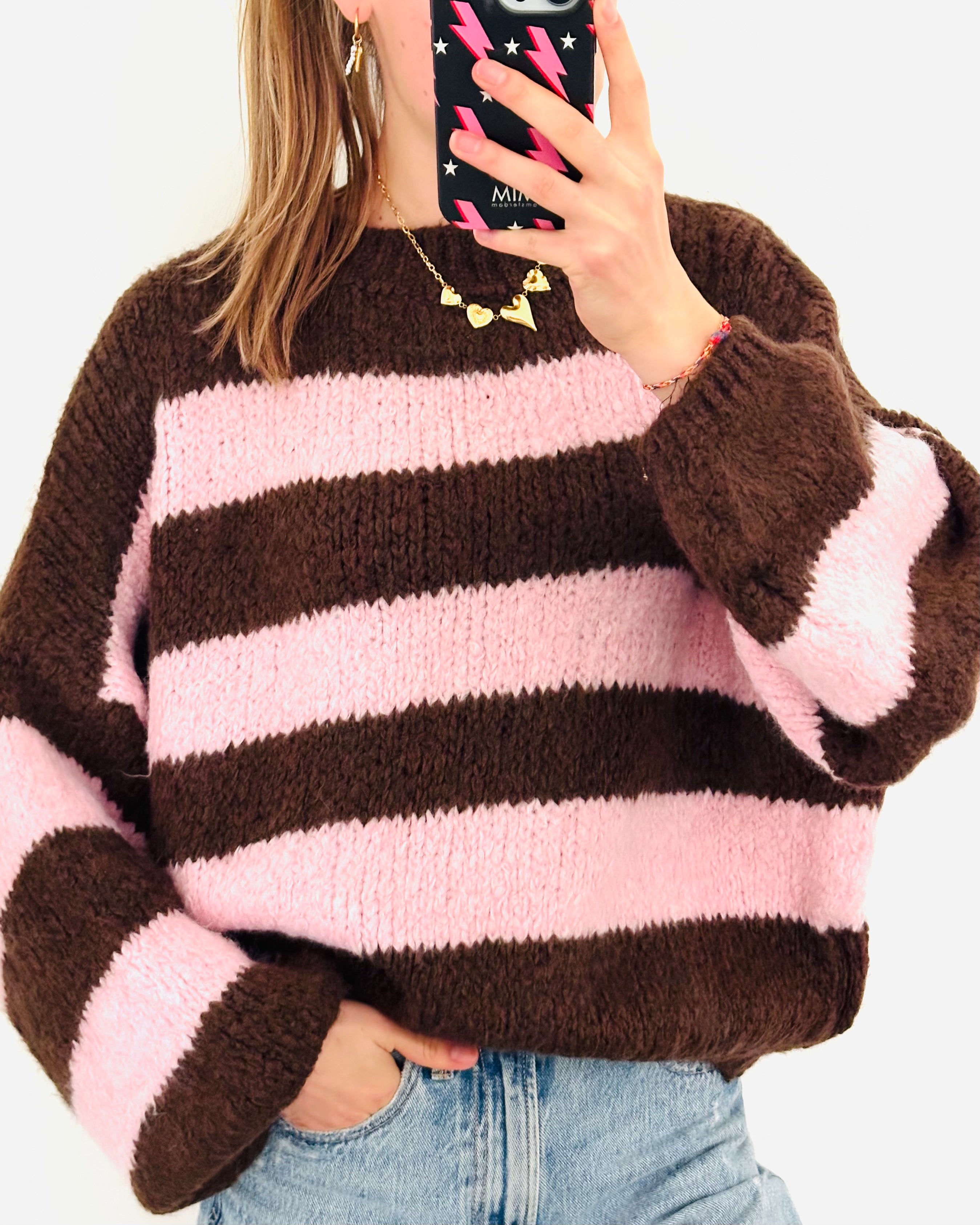 Comfy trui stripe pink brown