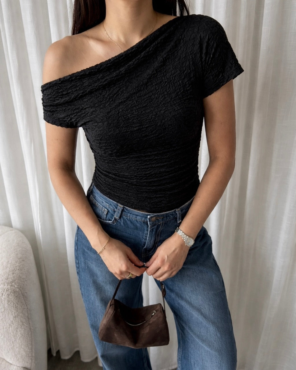 One shoulder lace top black