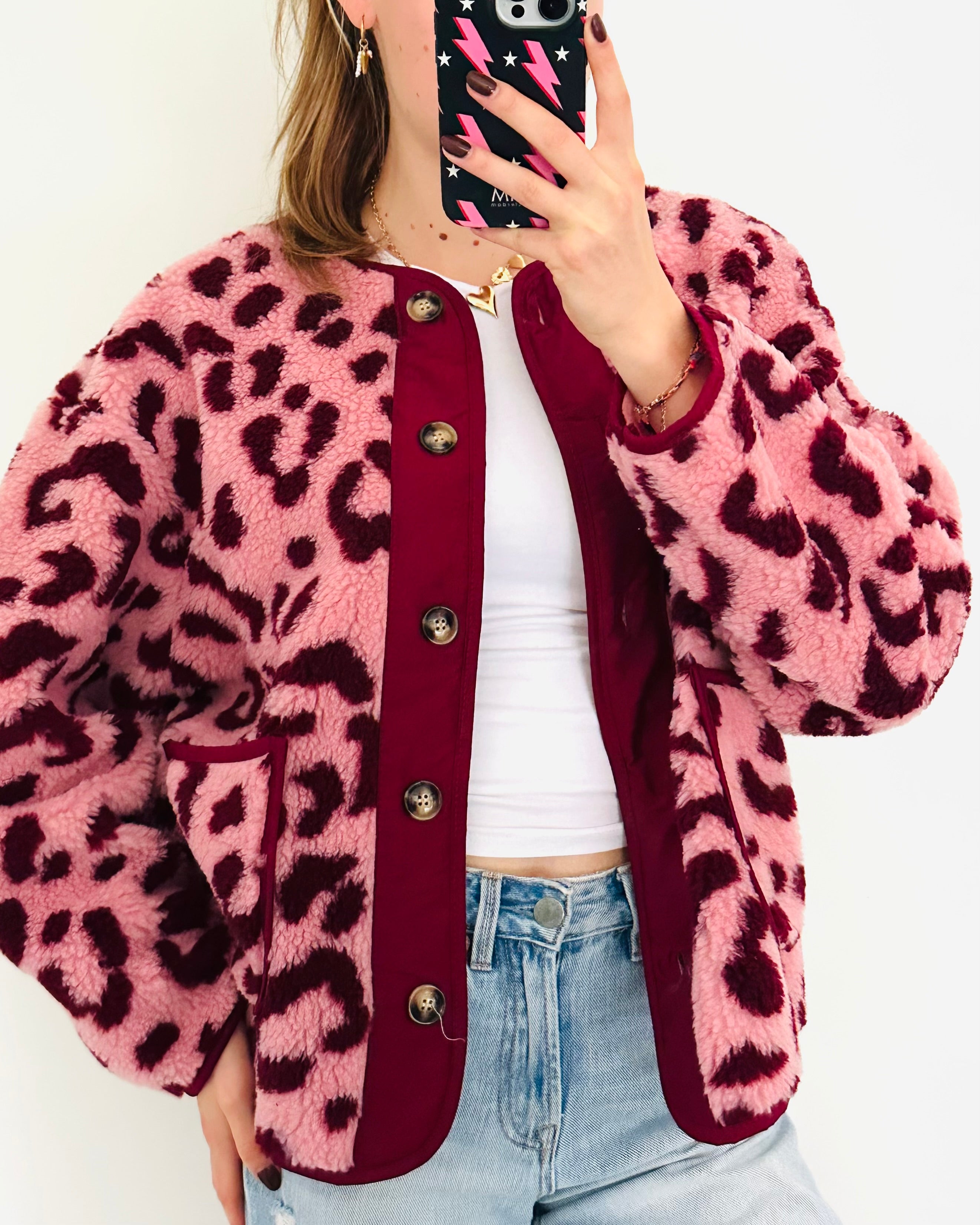 Teddy jacket panter roze bordeaux