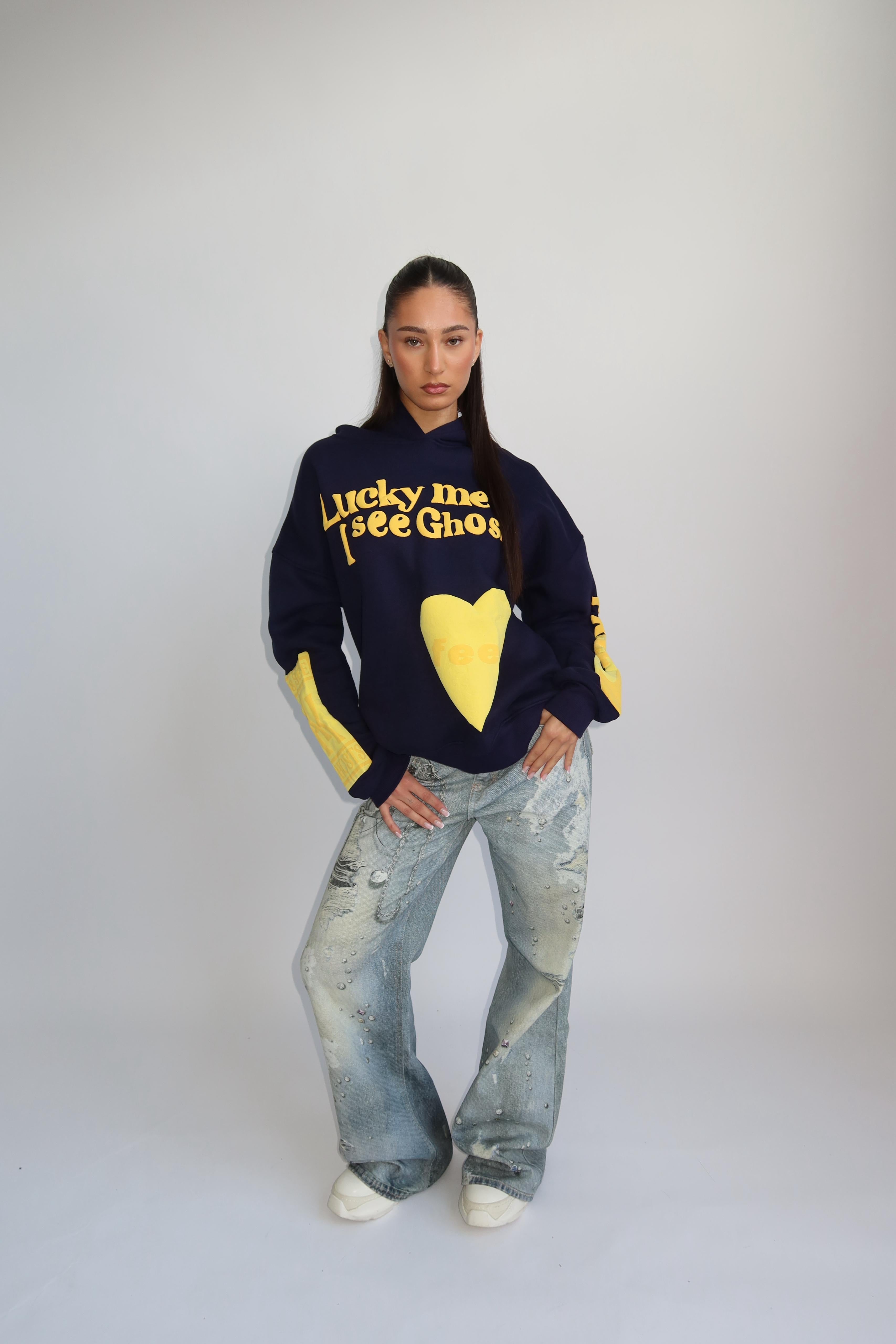 Lucky me hoodie navy yellow