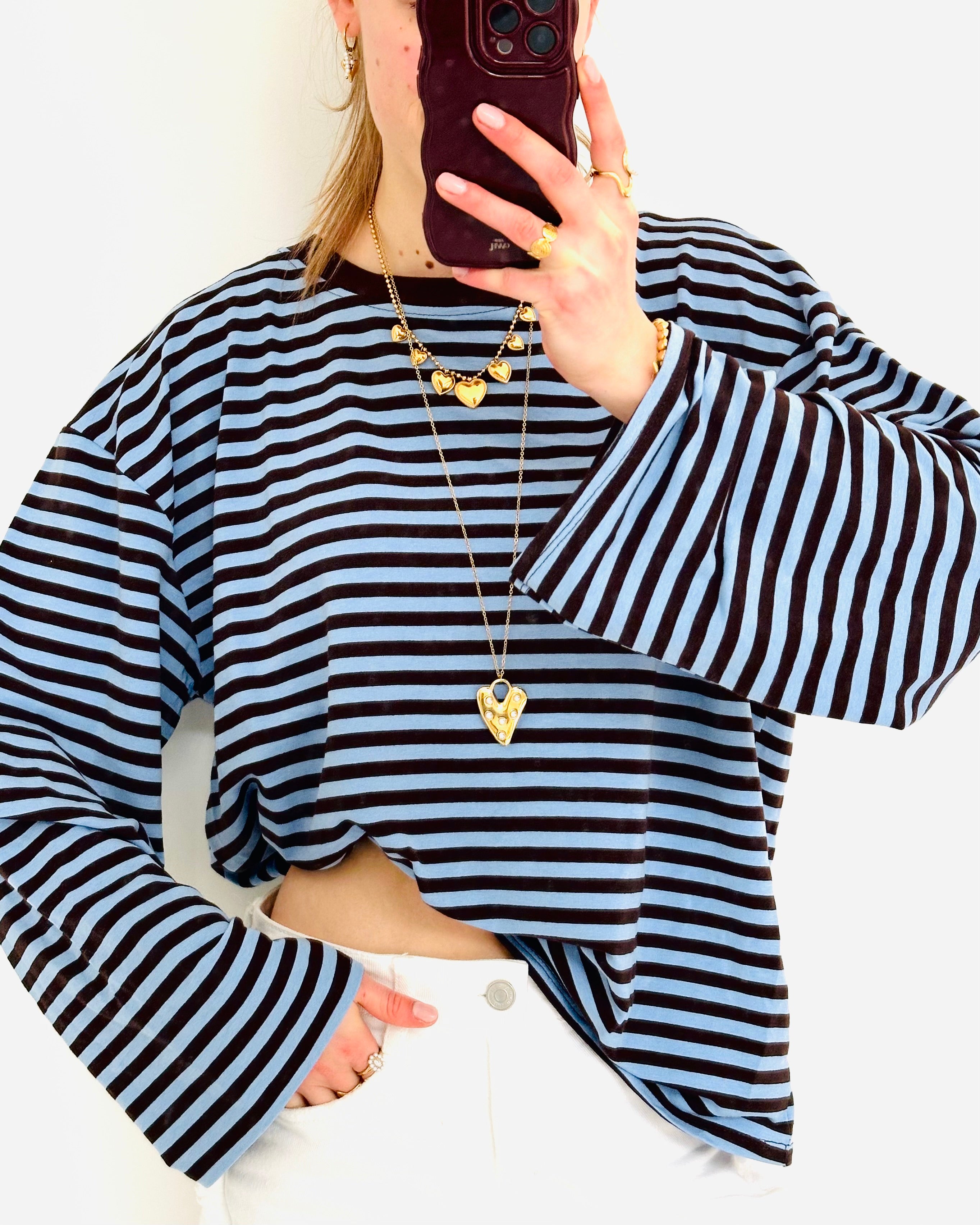 Casual stripe longsleeve denim bruin pre order