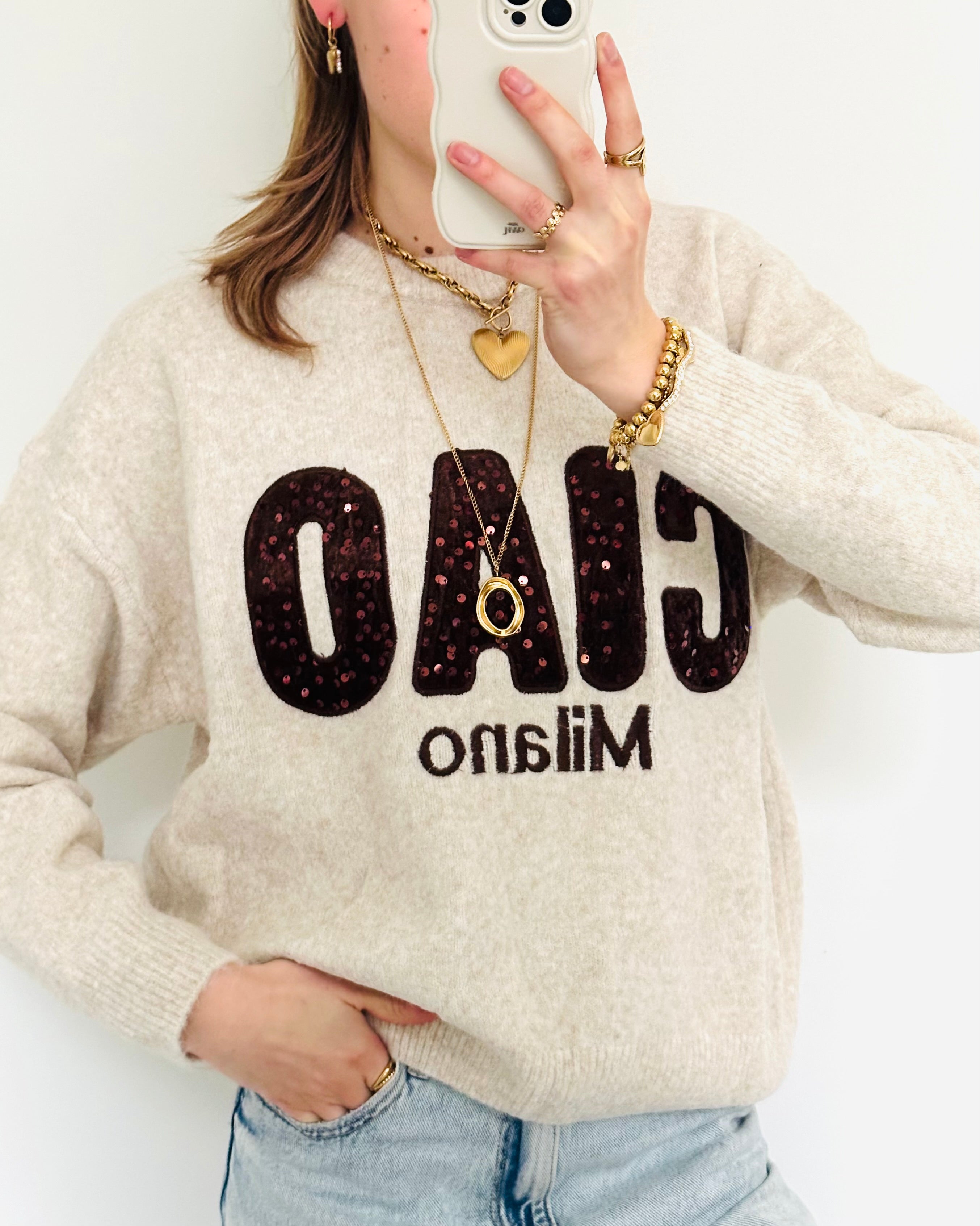 CIAO trui glitter cream brown