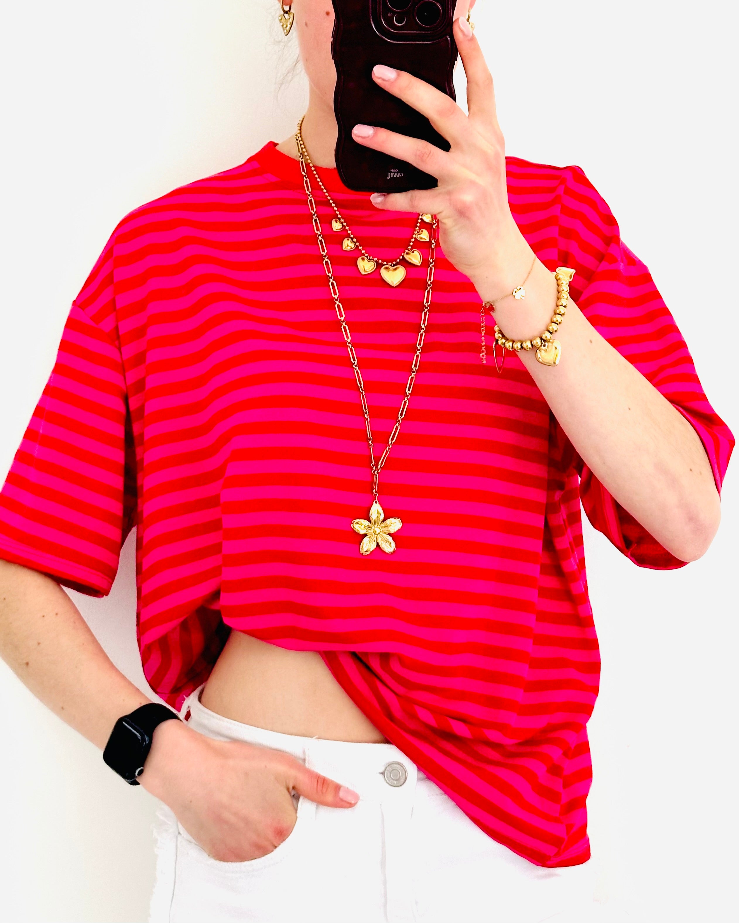 Casual stripe shortsleeve fuchsia red