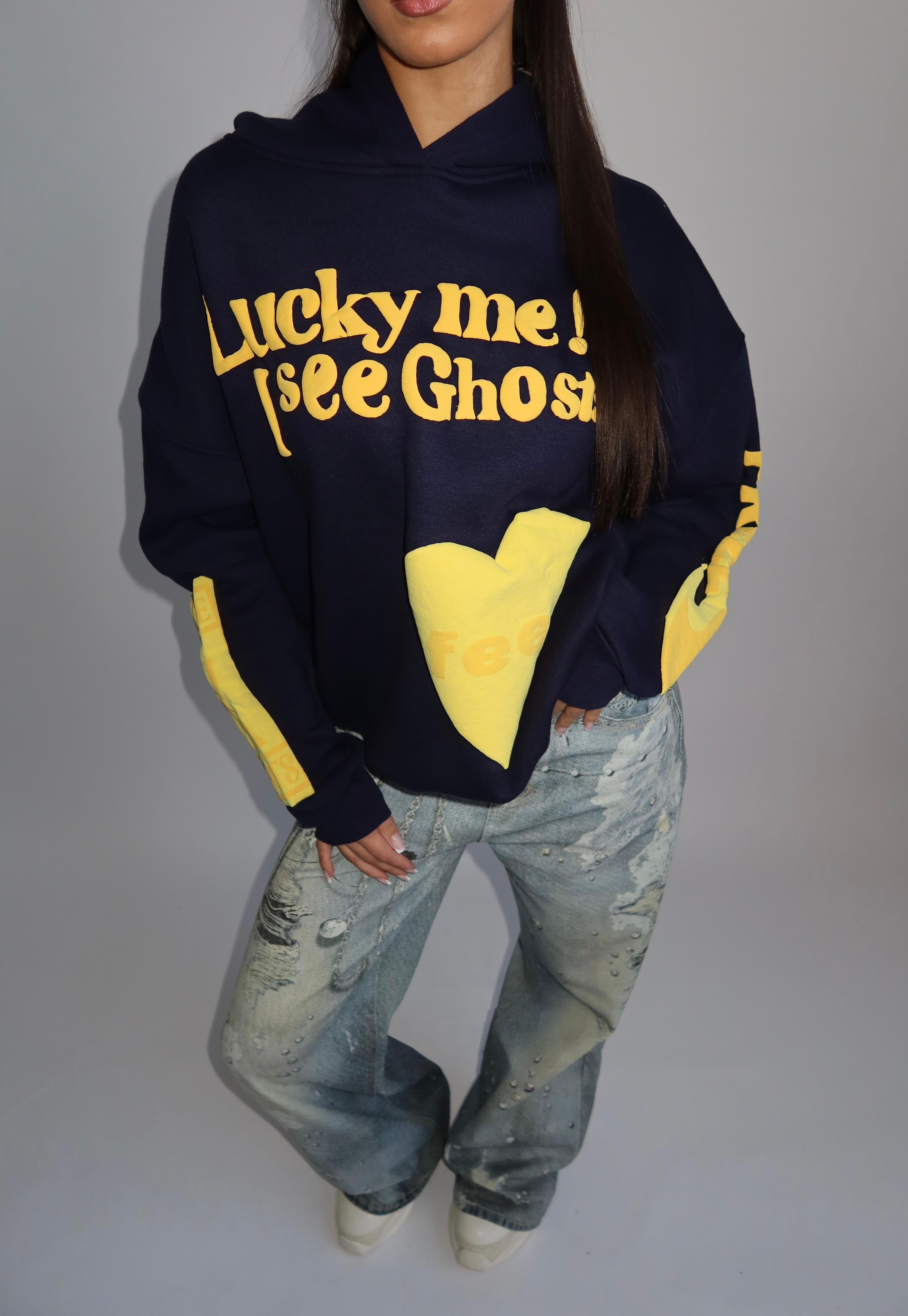 Lucky me hoodie navy yellow