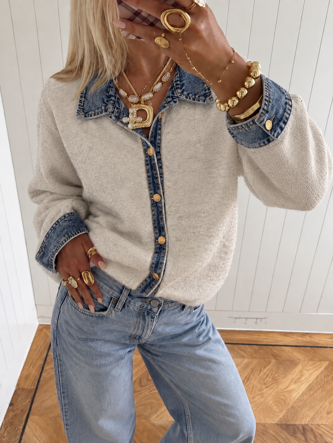 Denim Detail Knit – beige