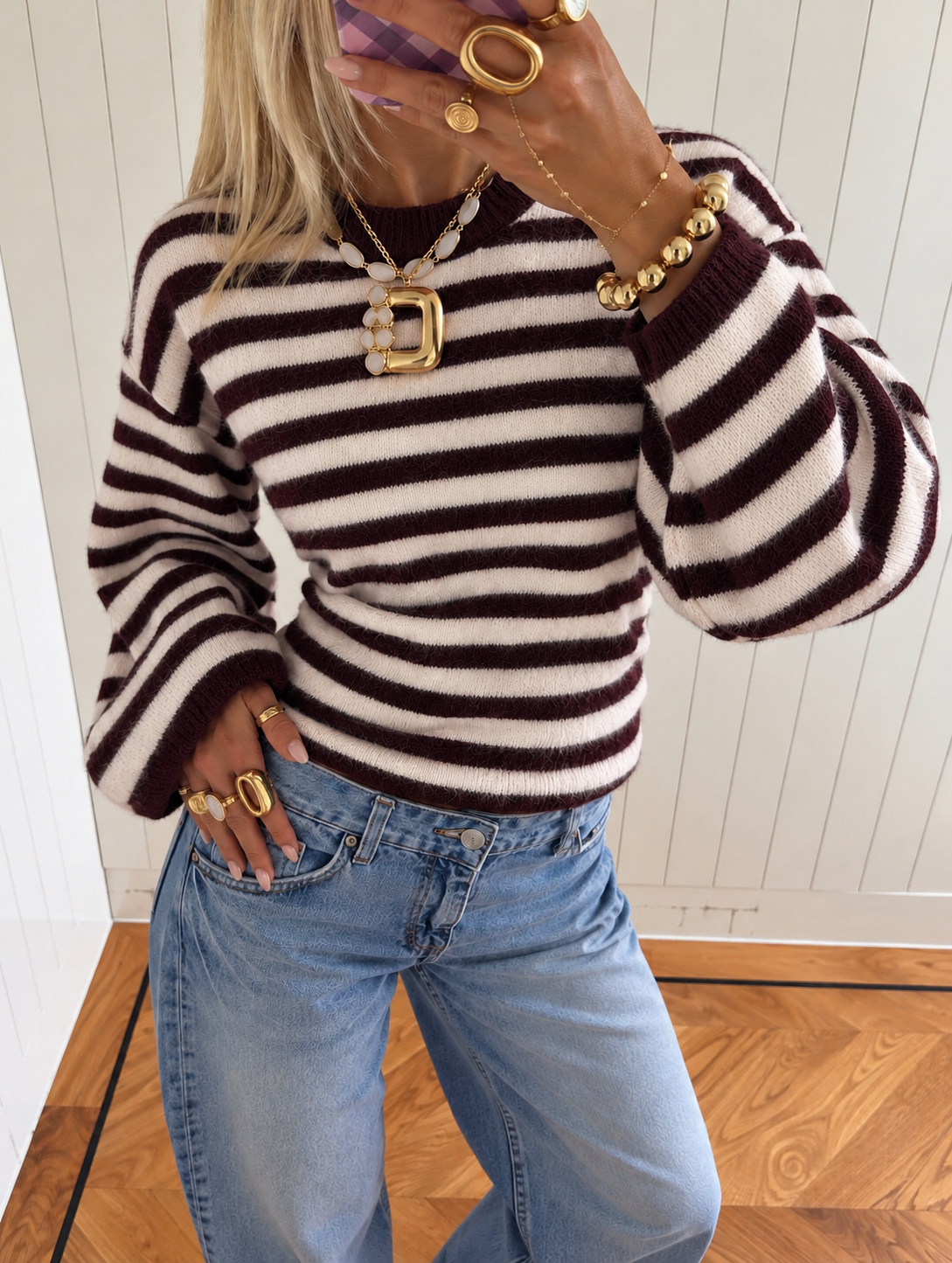 Sculpted Waist Striped Knit maroon