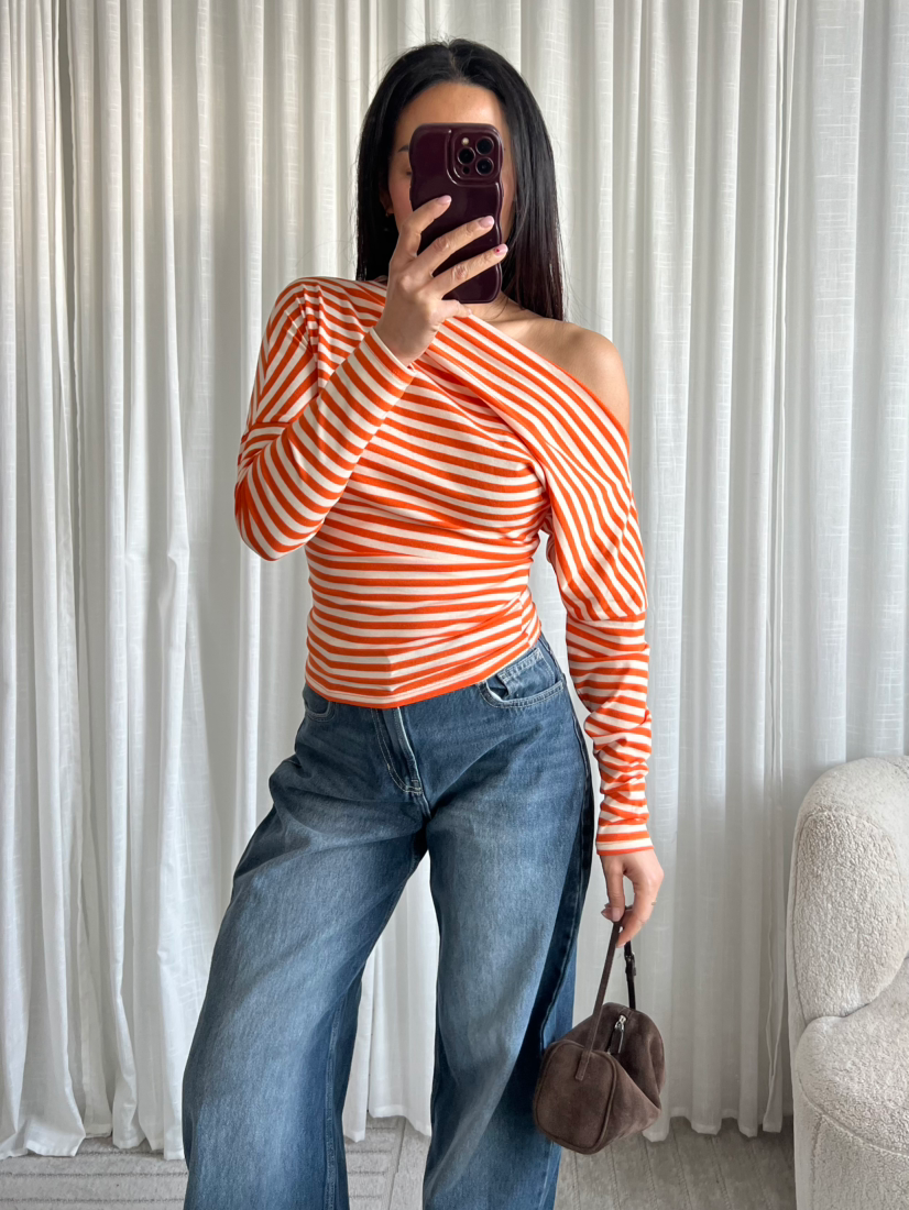 One shoulder striped top orange