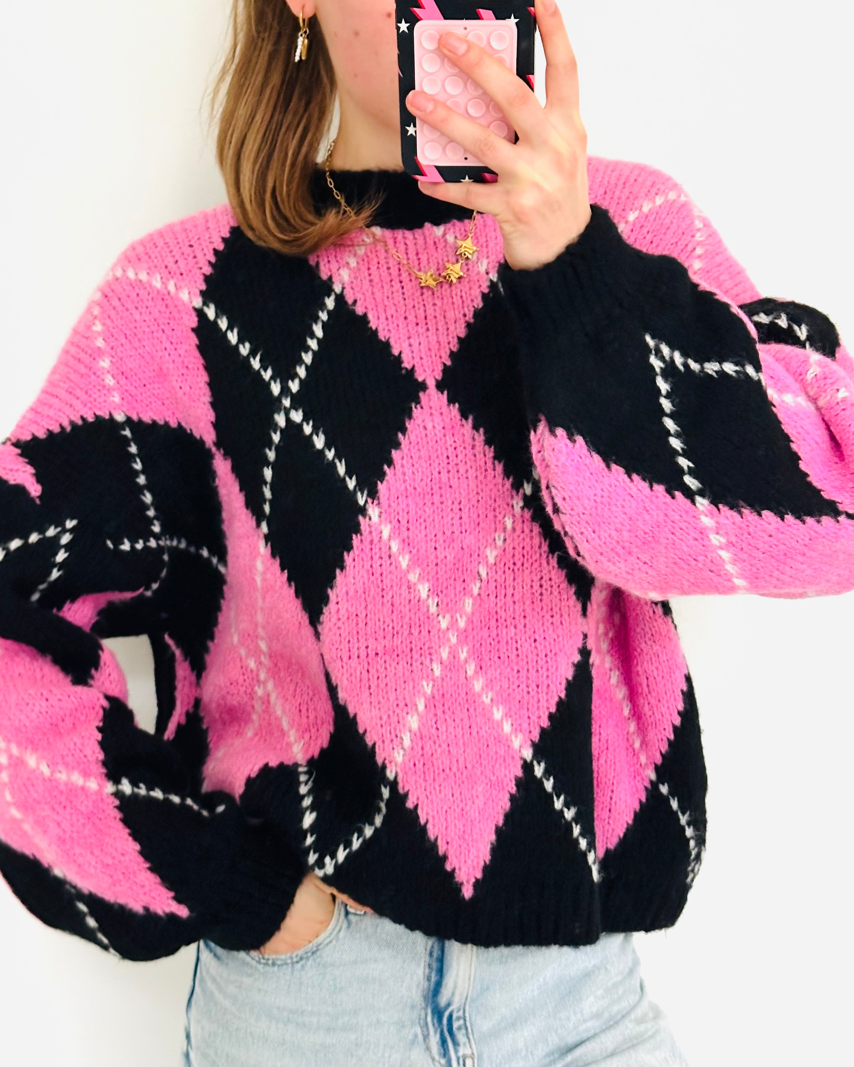Geruite sweater pink black