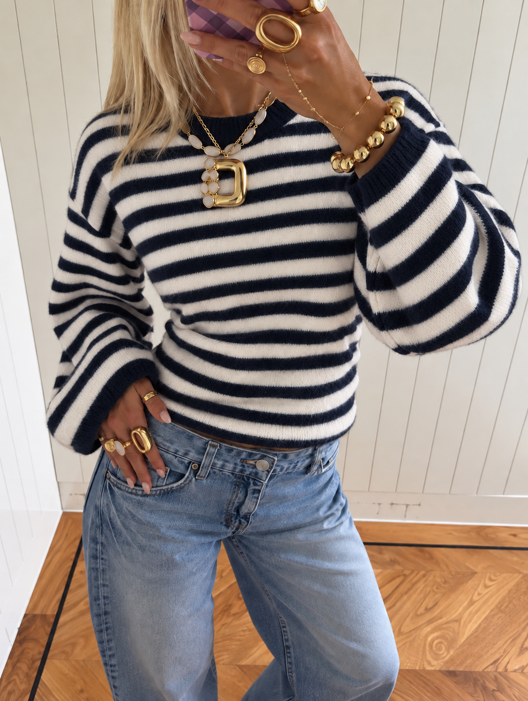 Sculpted Waist Striped Knit navy