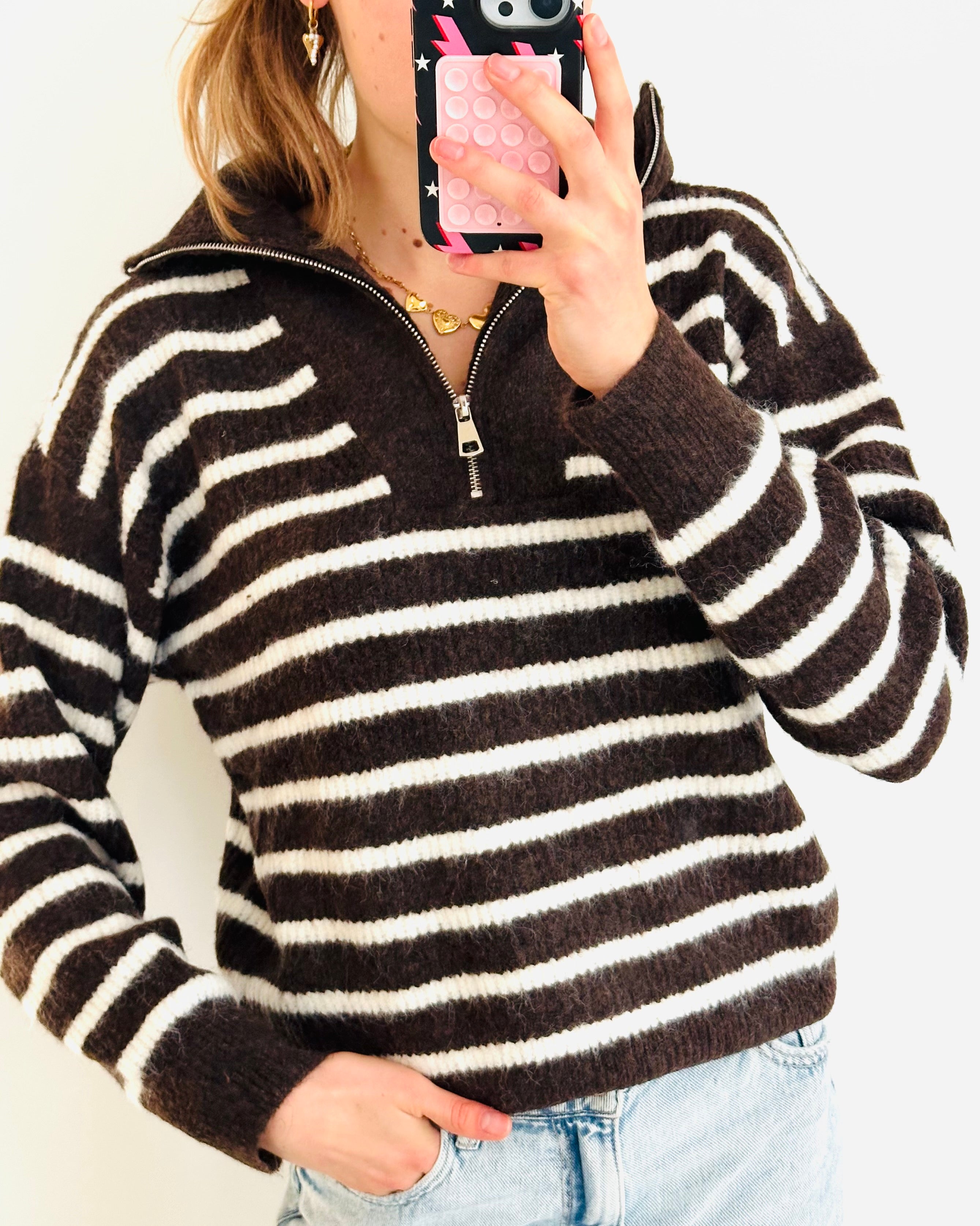 Stripe sweater rits brown Cream