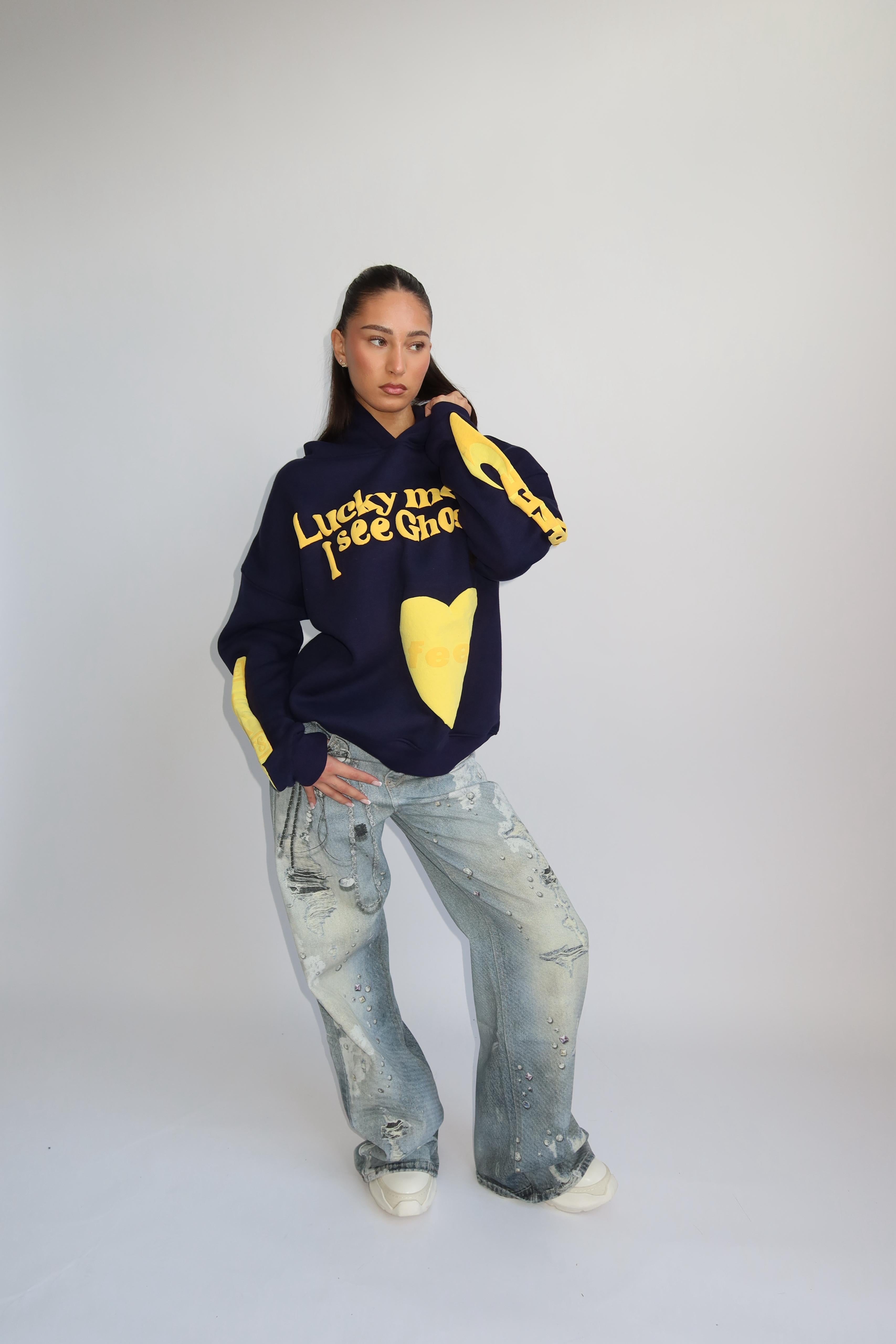 Lucky me hoodie navy yellow