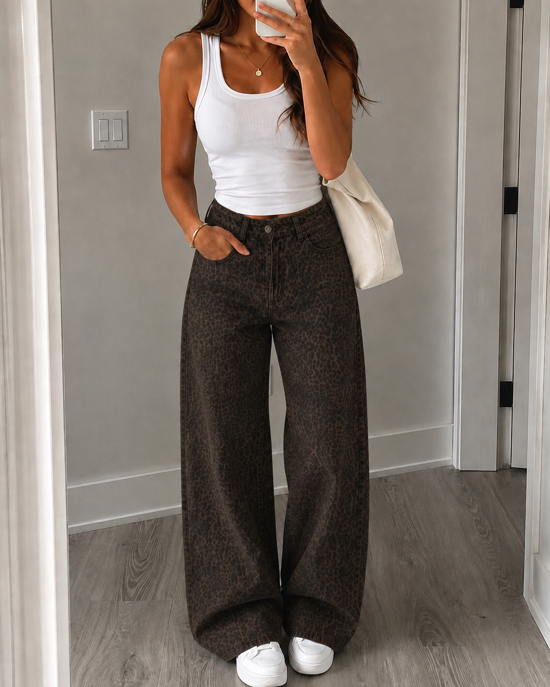 Leopard straight leg jeans brown
