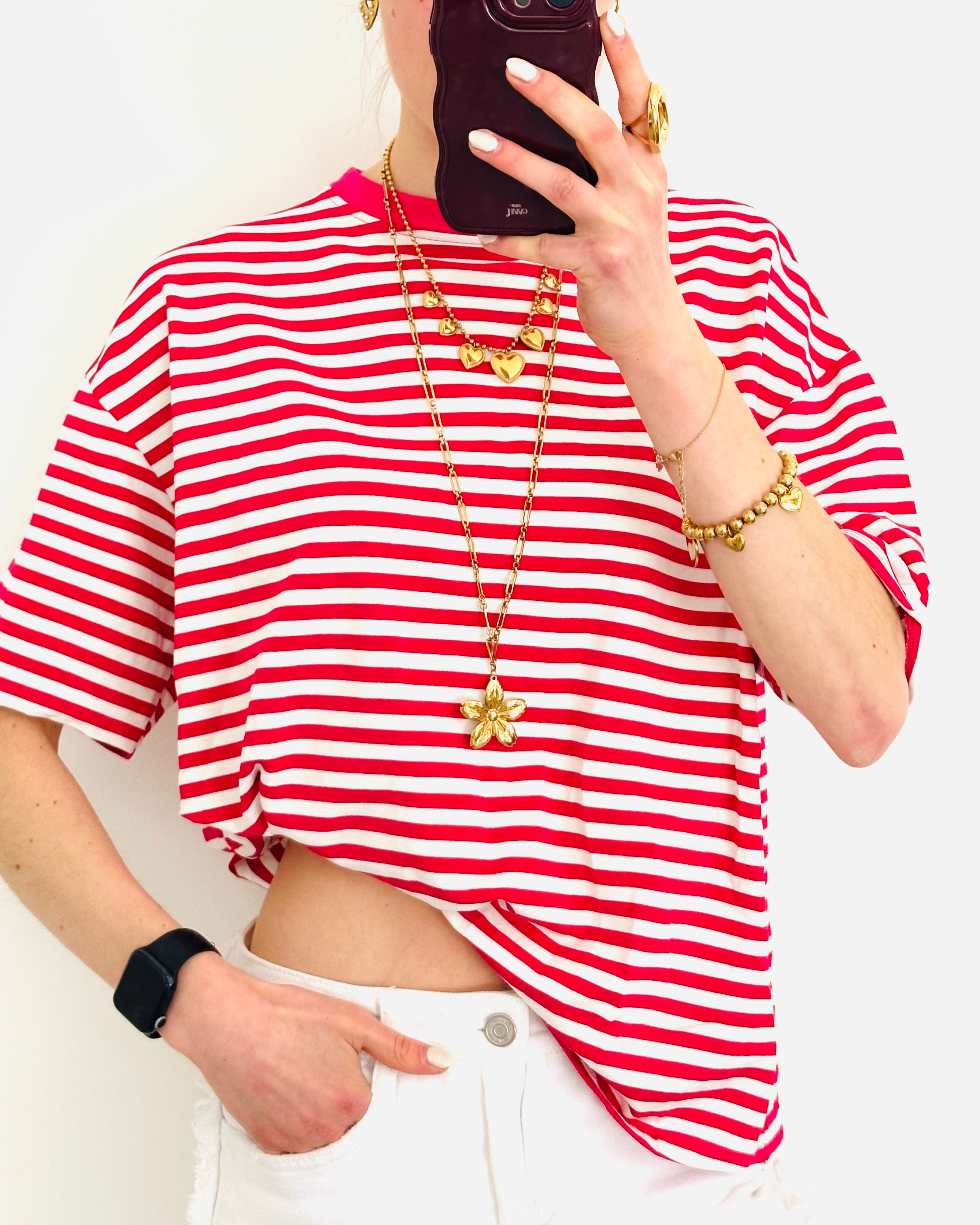 Casual stripe shortsleeve fuchsia white