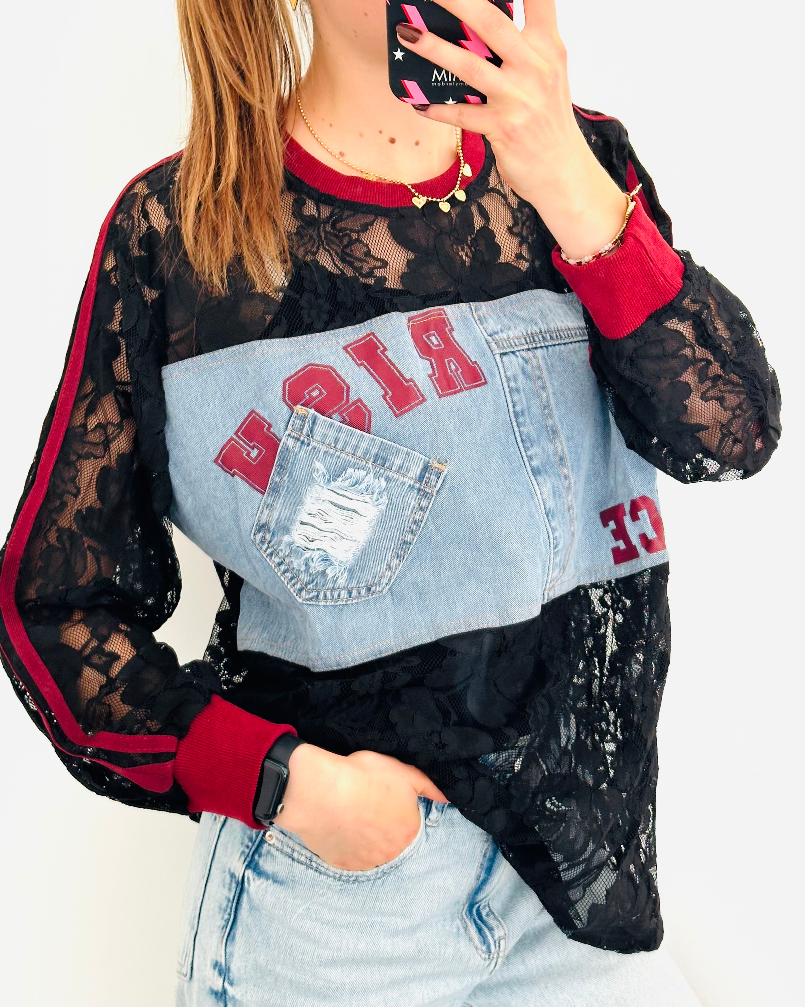 Zwart kant baseball shirt Bordeaux