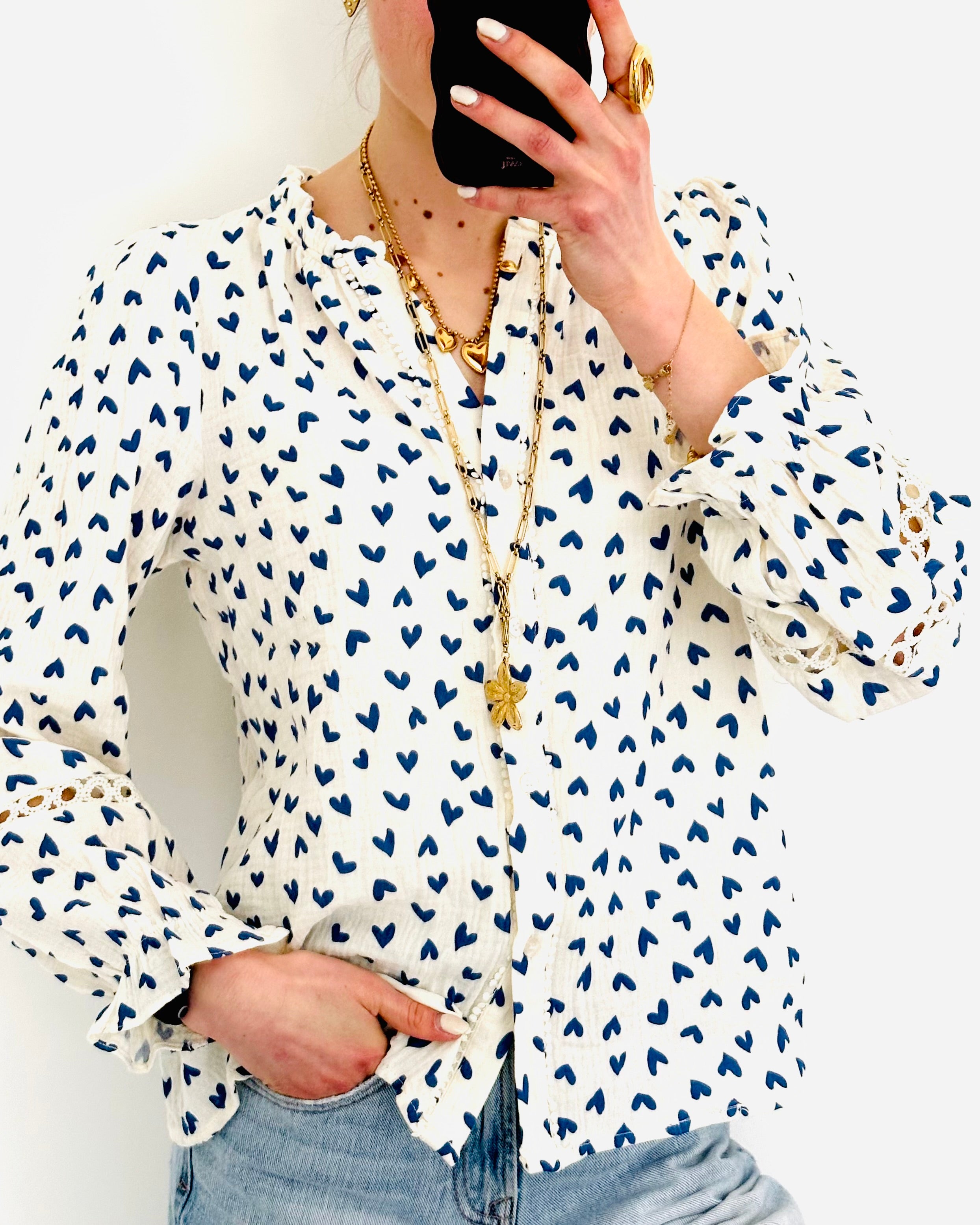 Heart blouse white blue