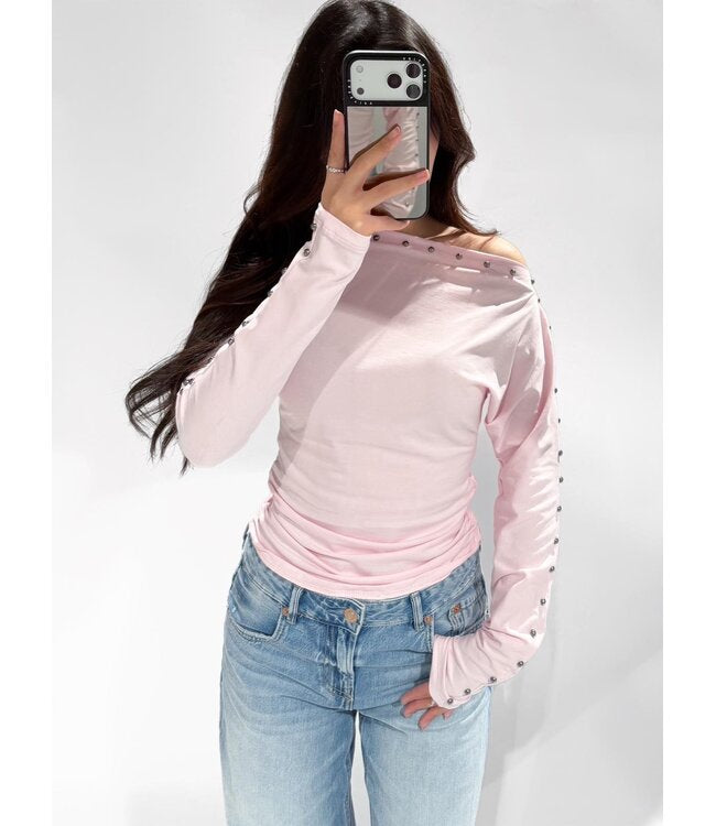 One shoulder studs top pink