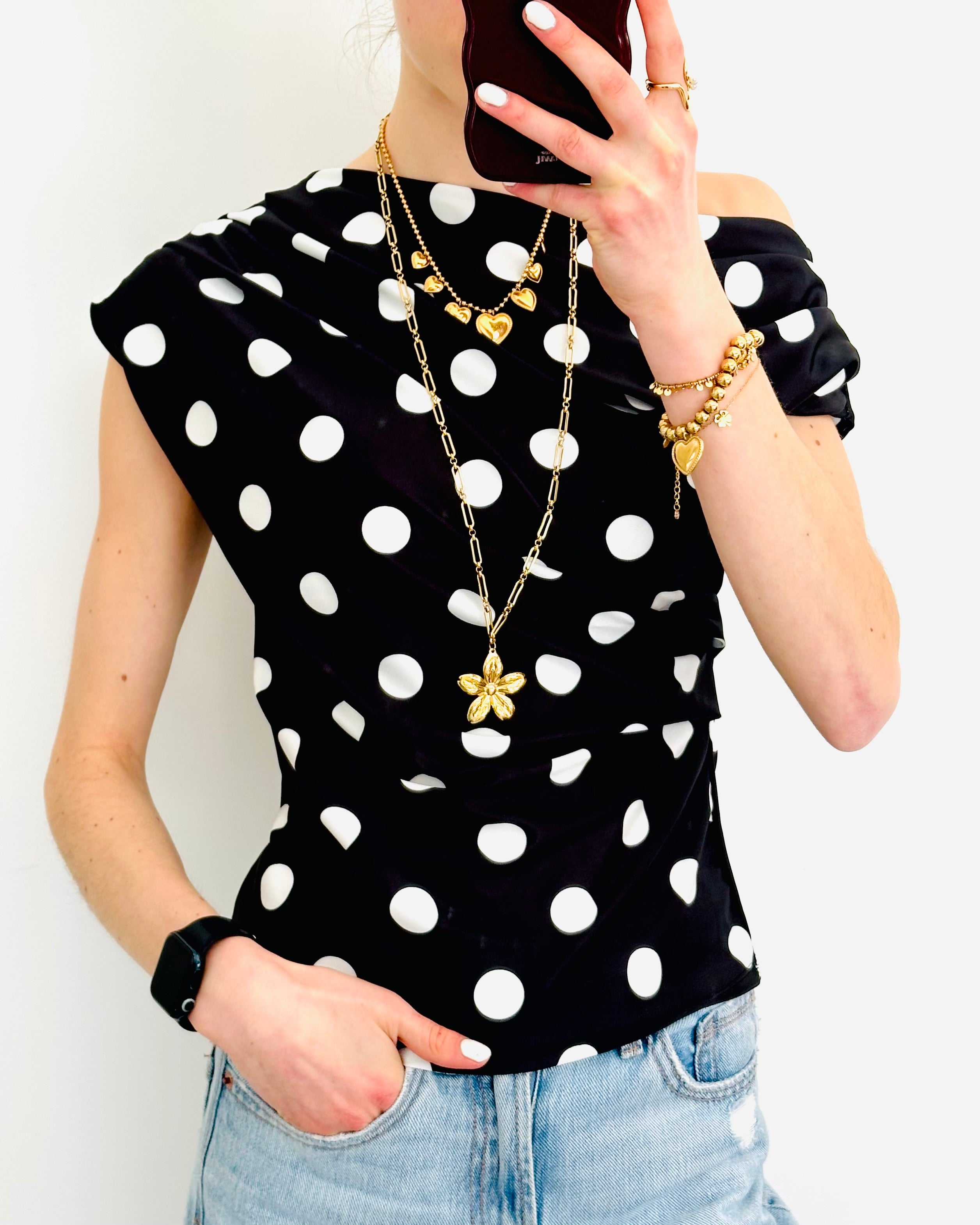 Polka dots one shoulder top black white