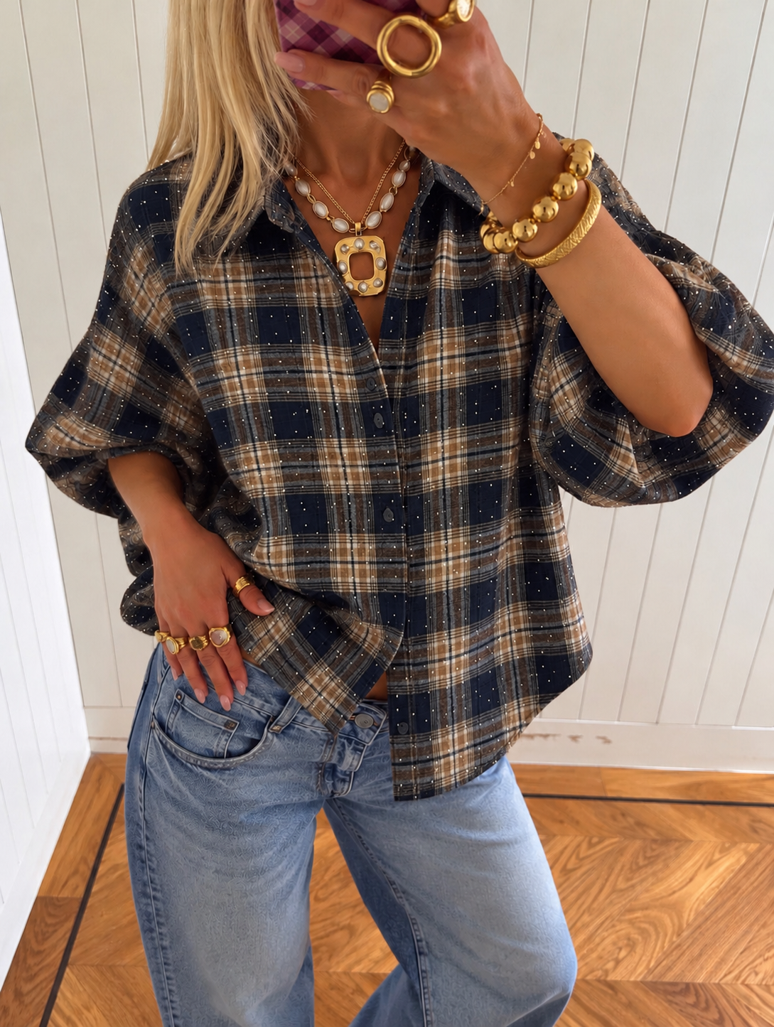Cleo Sparkle Check Blouse navy brown