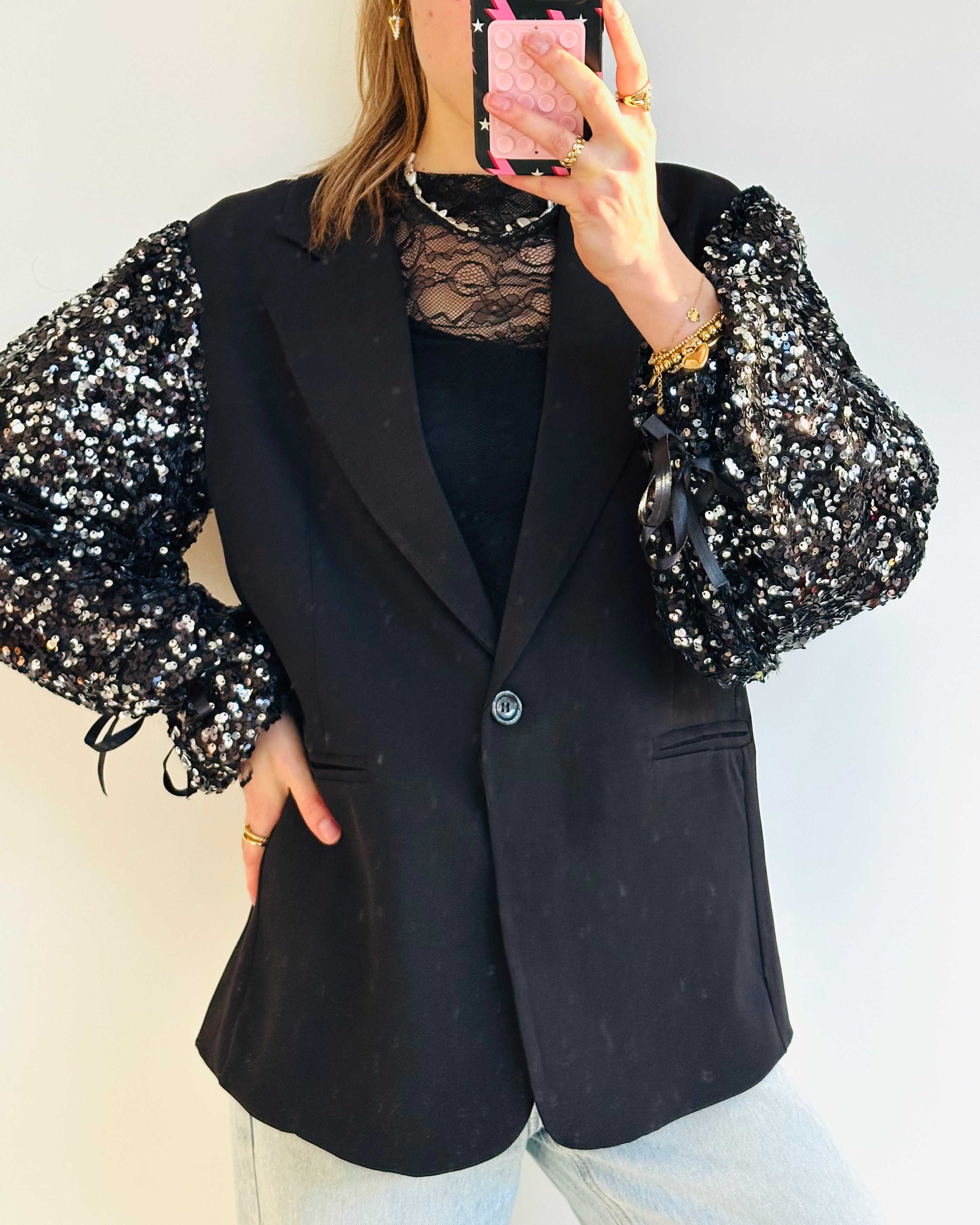 Glory blazer oversized glitter zwart zilver