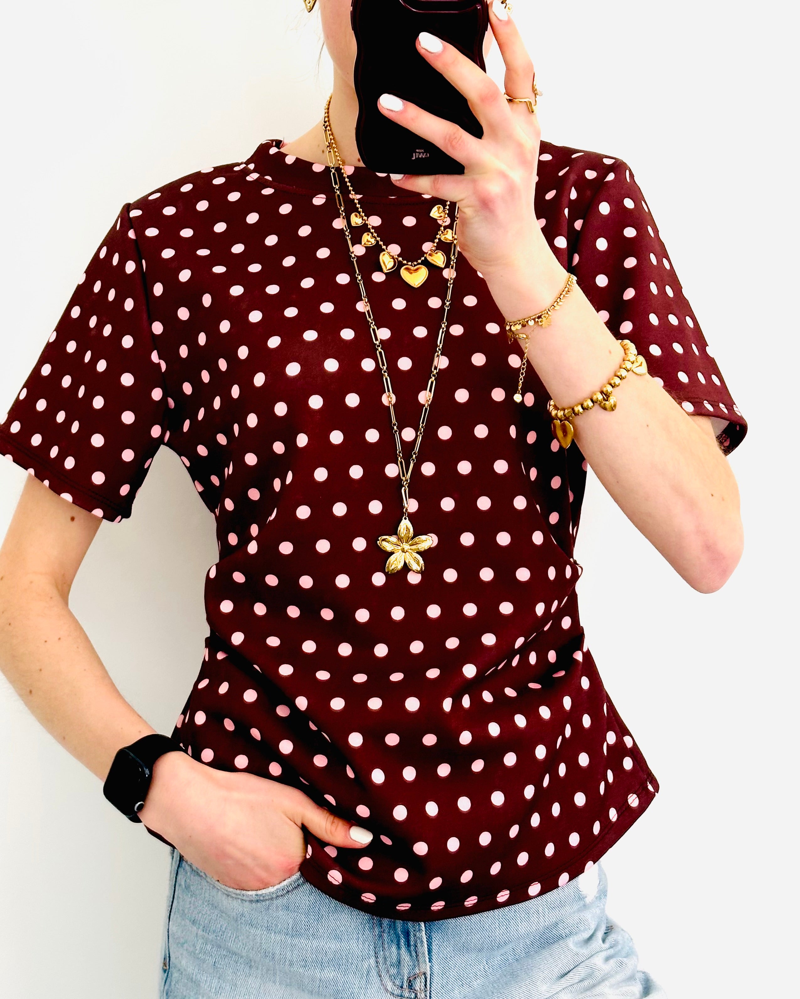 Polka dots top getailleerd bruin roze