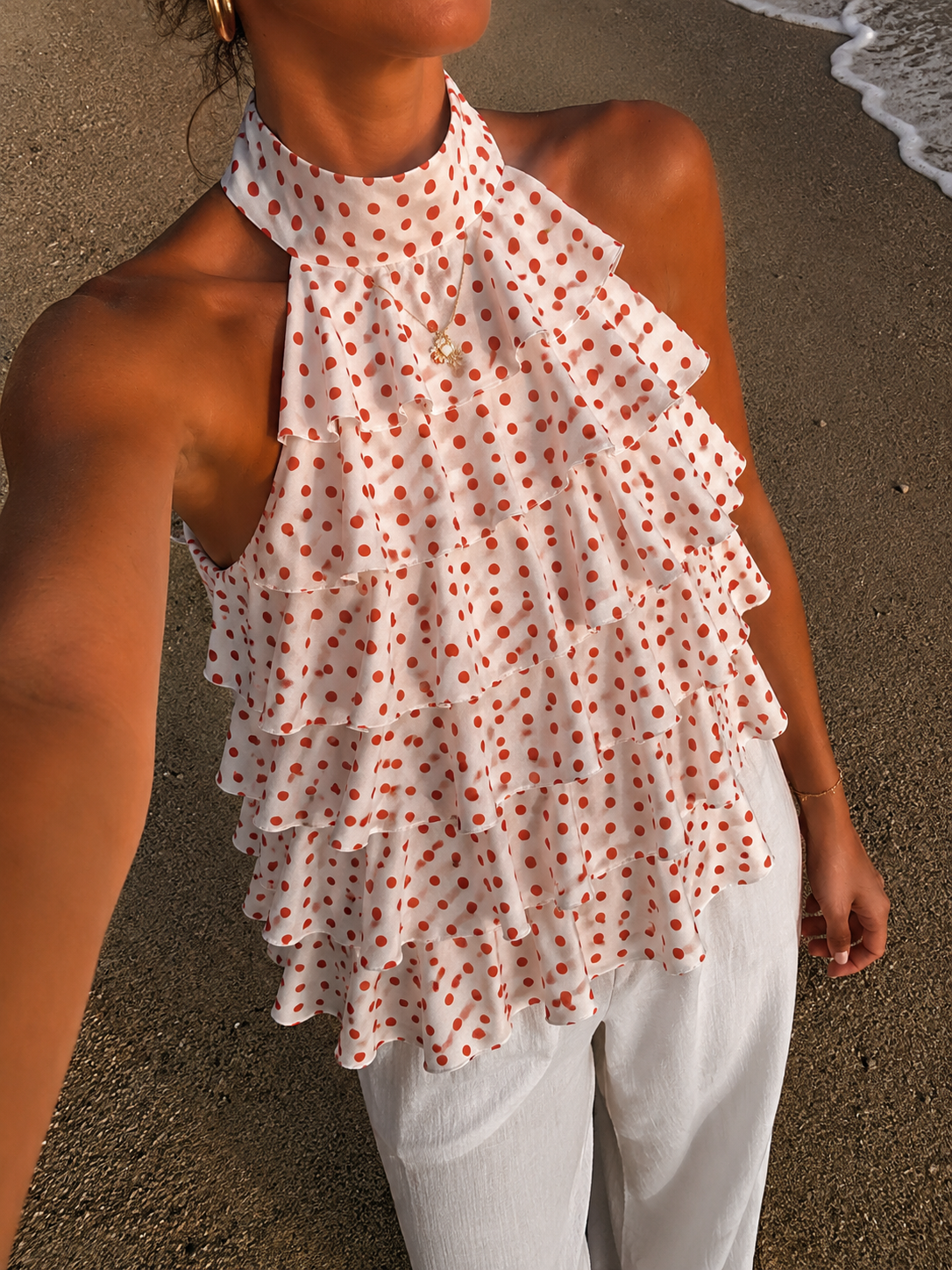 Ruffle wave top dots pink