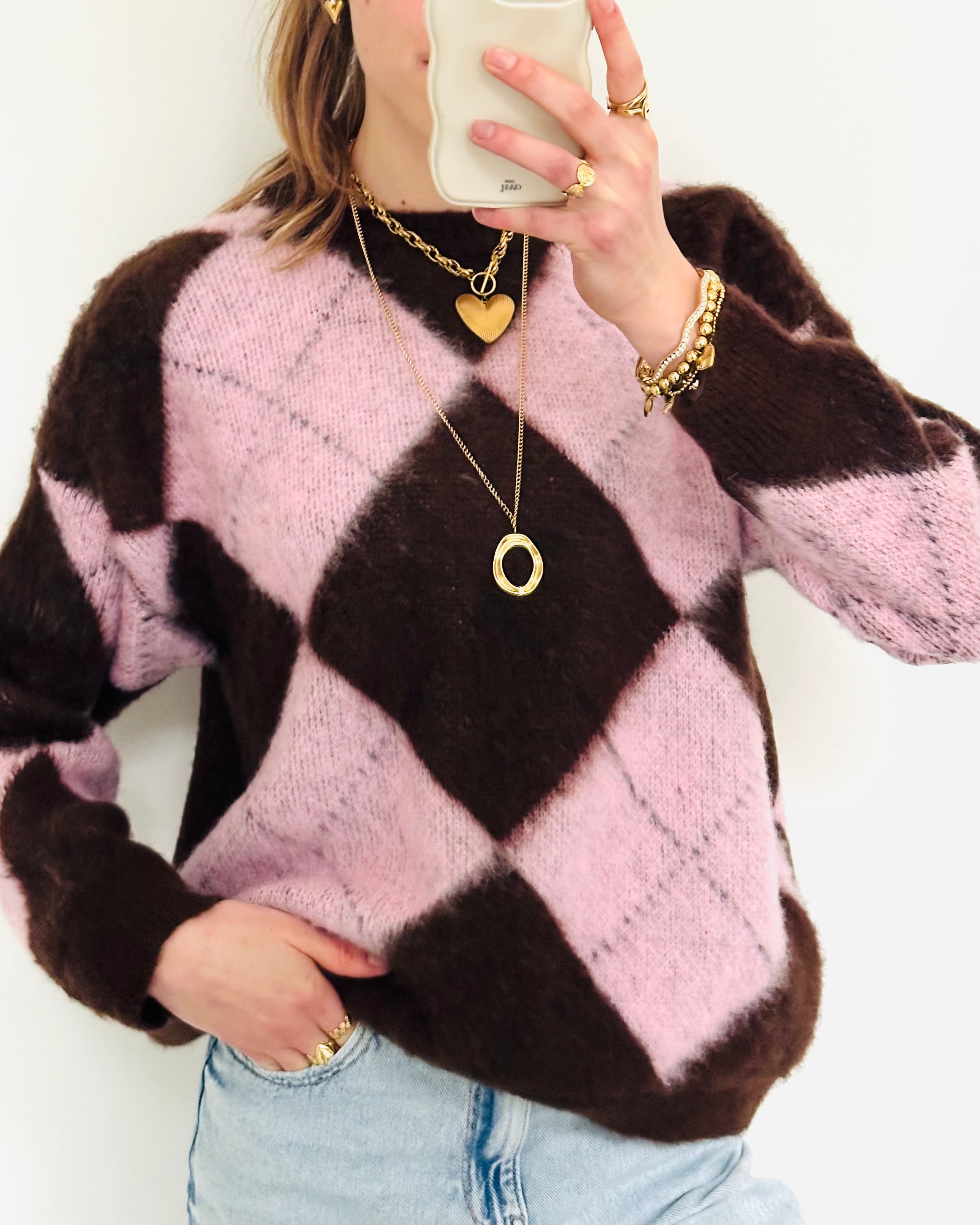 Geruite sweater brown pink