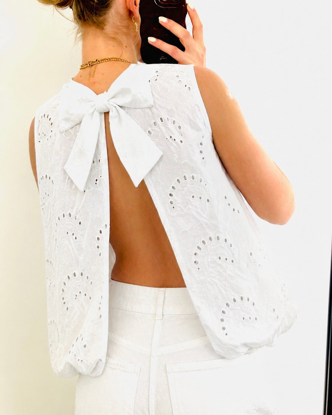 Lace blouse open back white